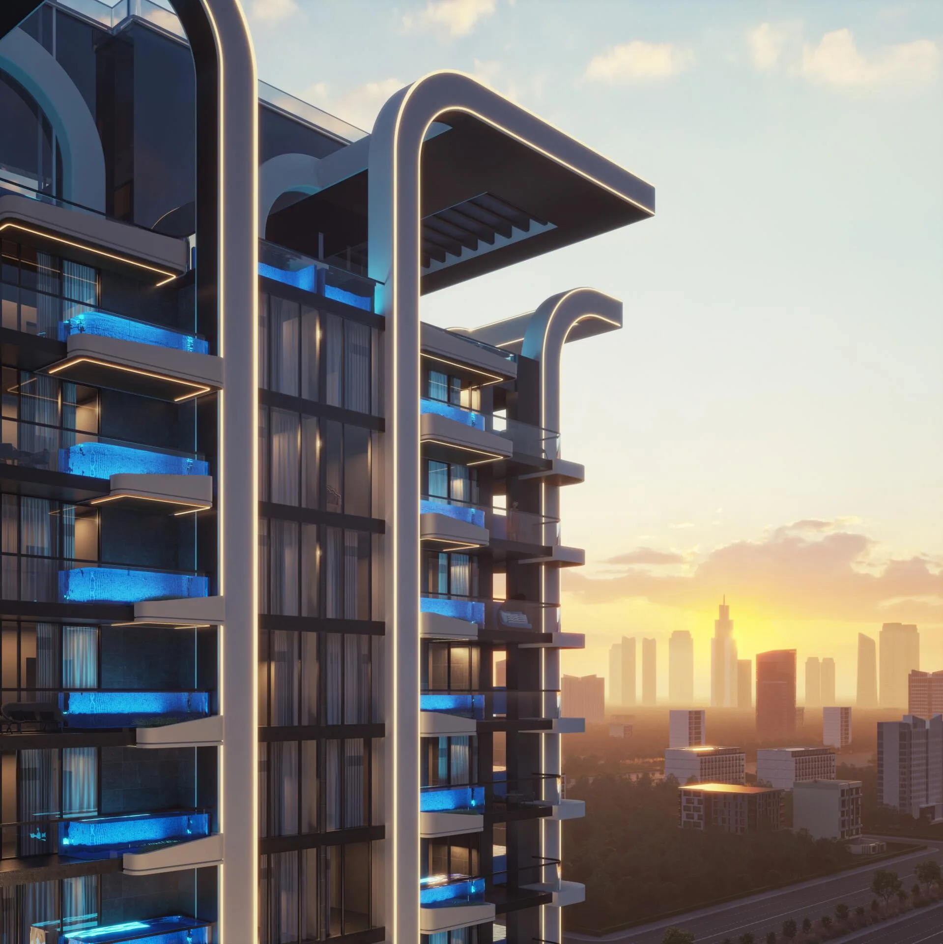 Верх башни Samana Manhattan: светлые арки и город на рассвете