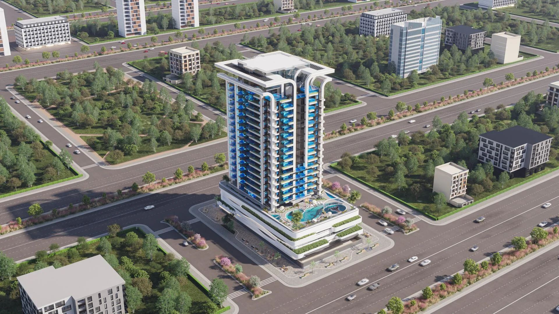 Samana Manhattan сверху среди зелёных кварталов JVC