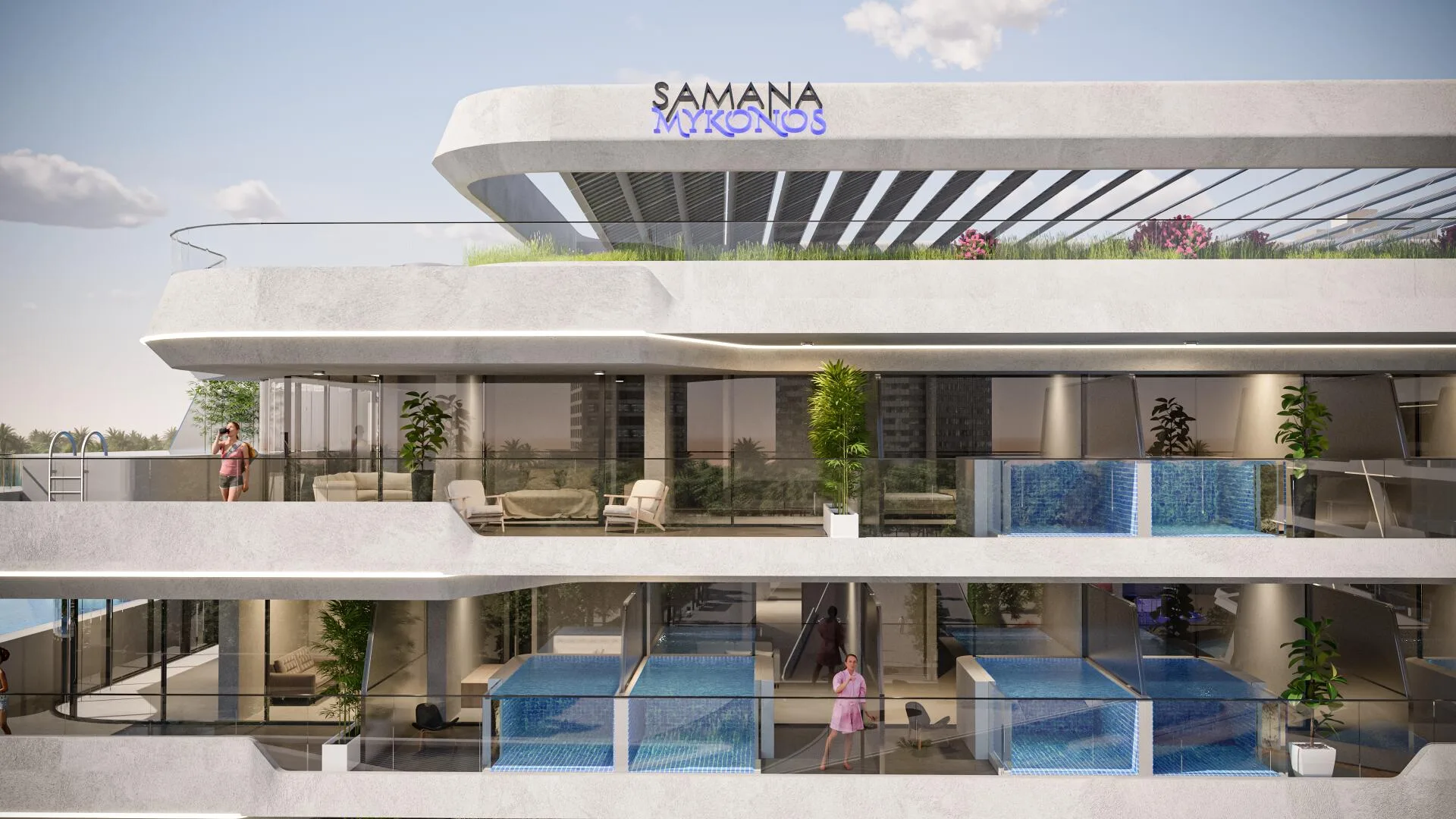 Фасад Samana Mykonos с бассейнами квартир