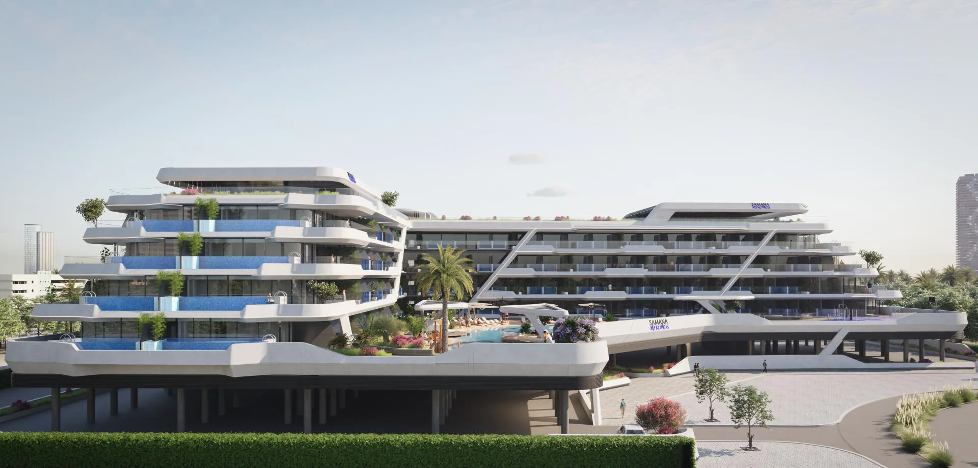 Samana Mykonos сбоку: ступенчатые террасы и зелень