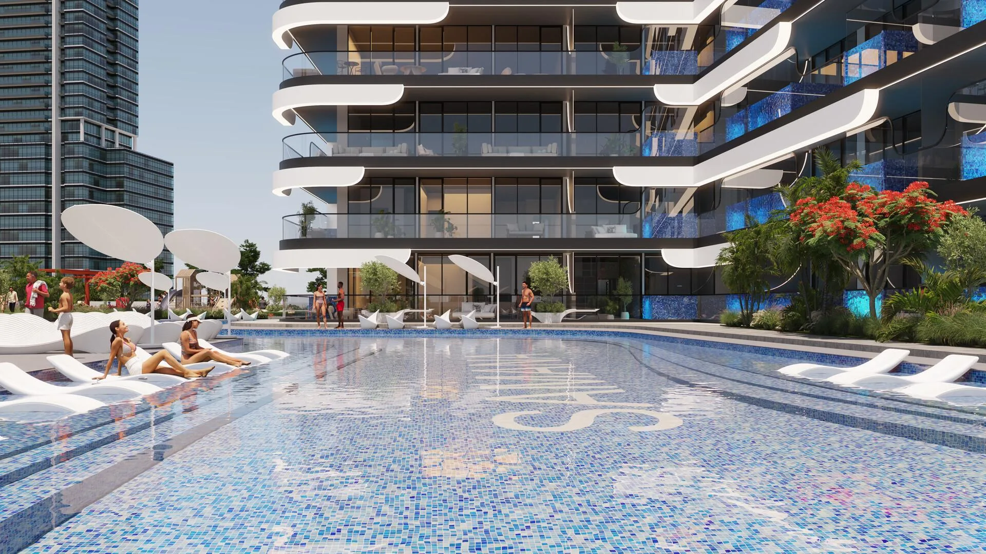 Бассейн Samana Resorts с мозаикой и лежаками у фасада