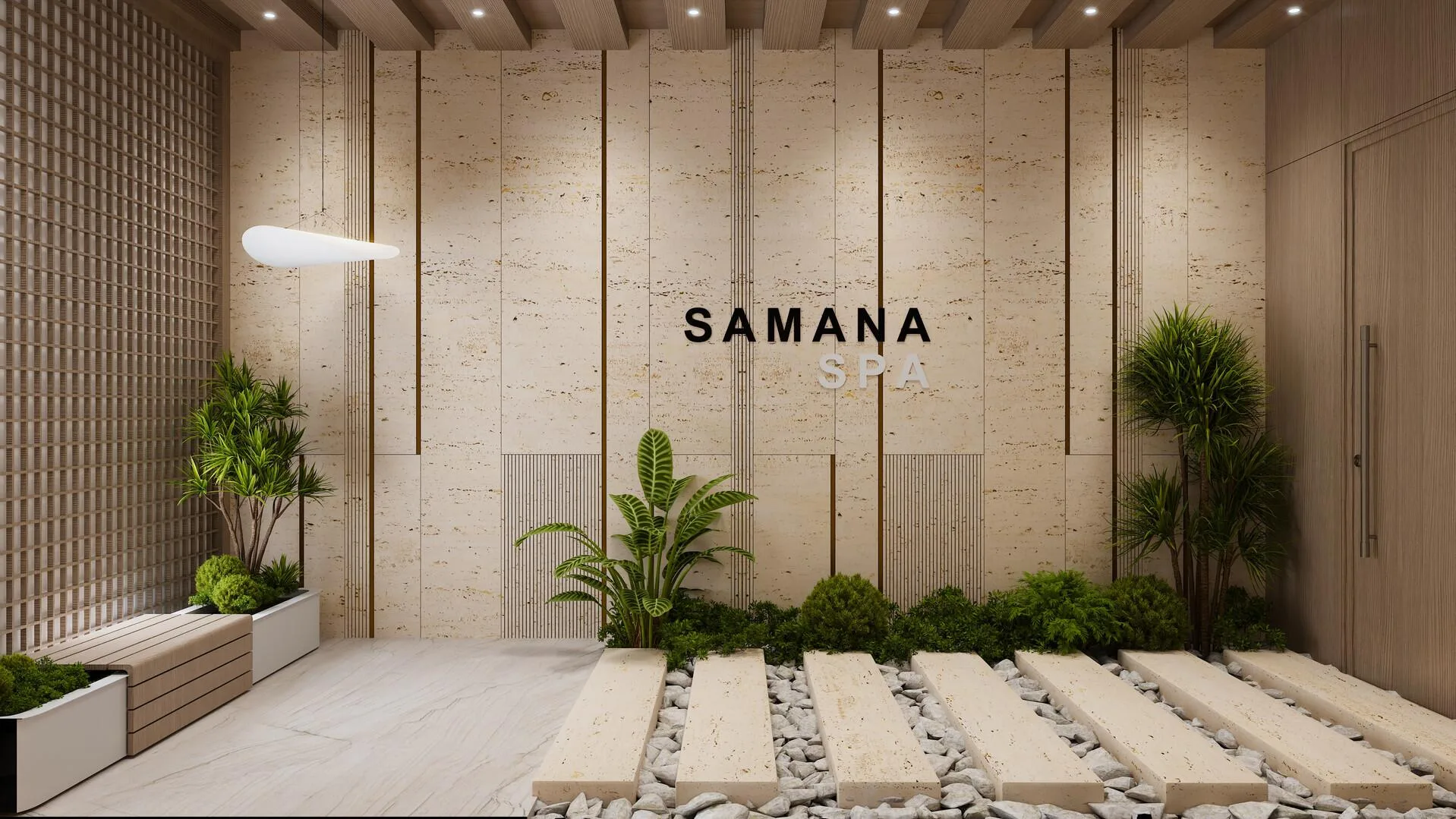 Приёмная спа Samana Resorts: травертиновая стена и зелень