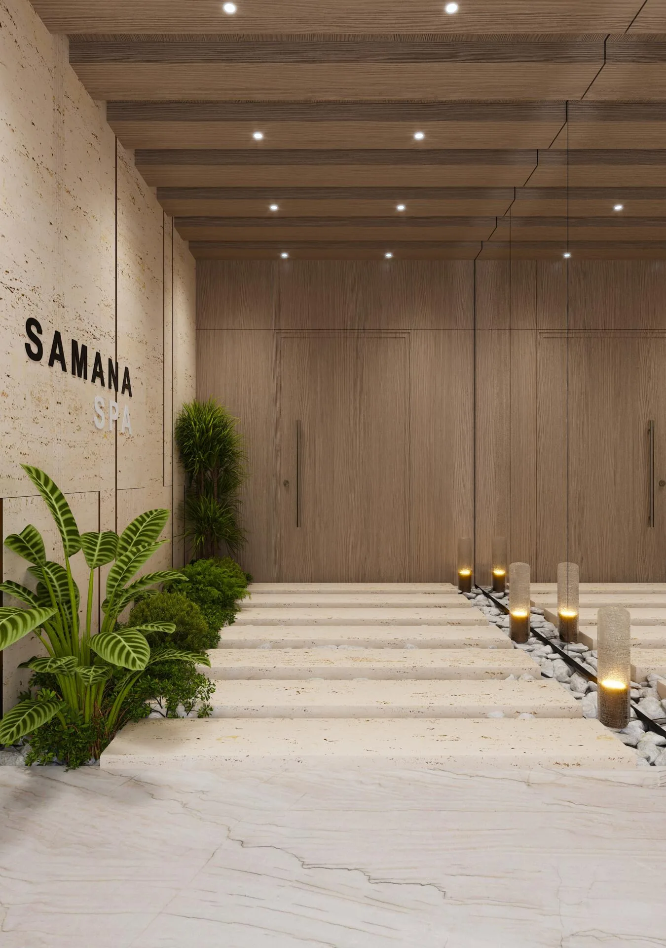 Вход в спа Samana Resorts: травертин, дерево и дорожка из каменных плит