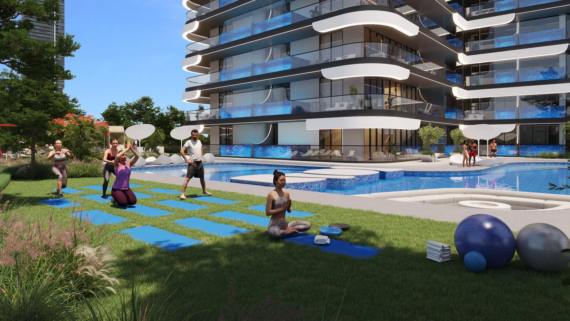 Газон у бассейна Samana Resorts, на траве коврики для йоги