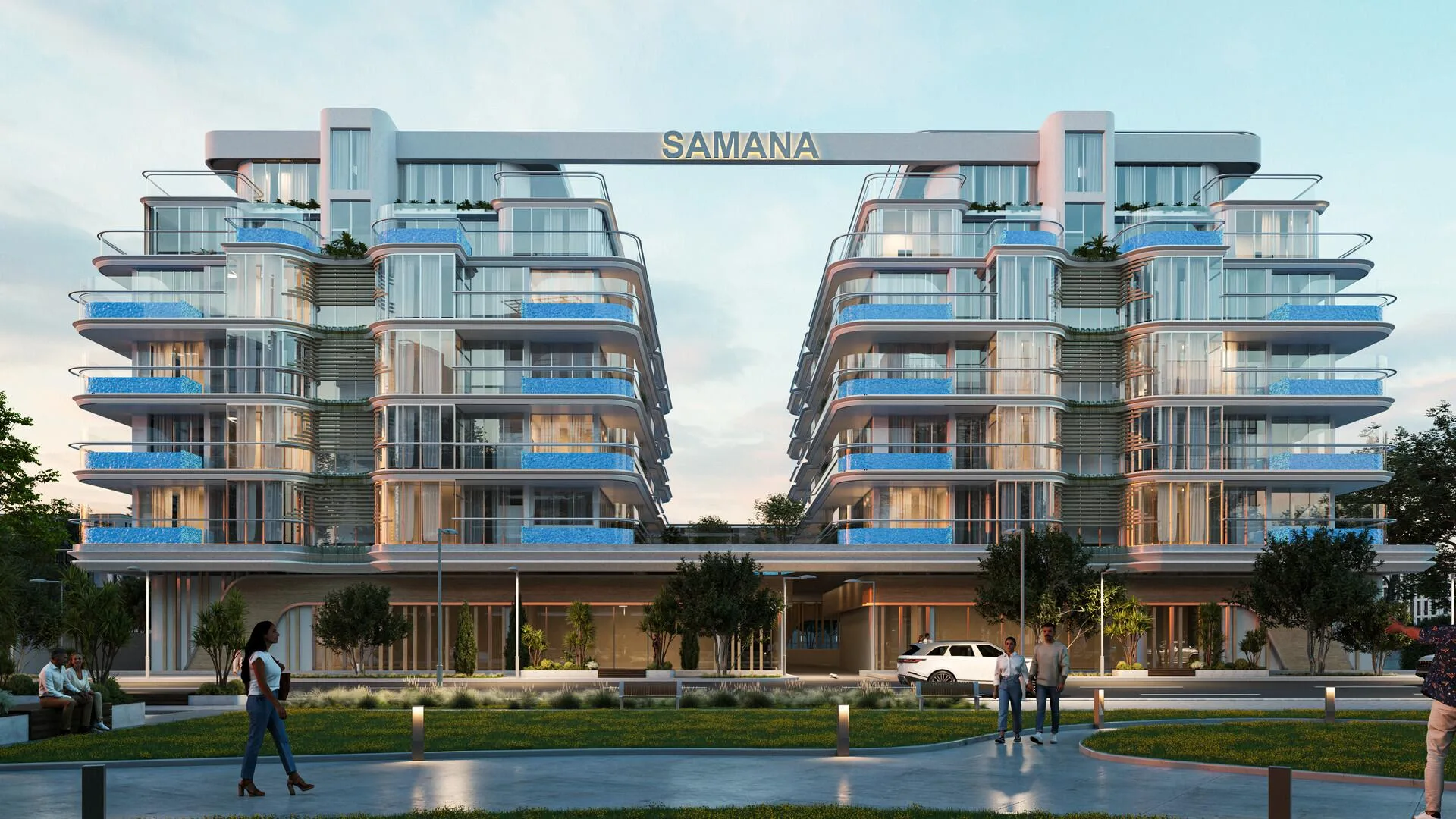 Samana Rome вечером: два крыла дома и перемычка со знаком SAMANA