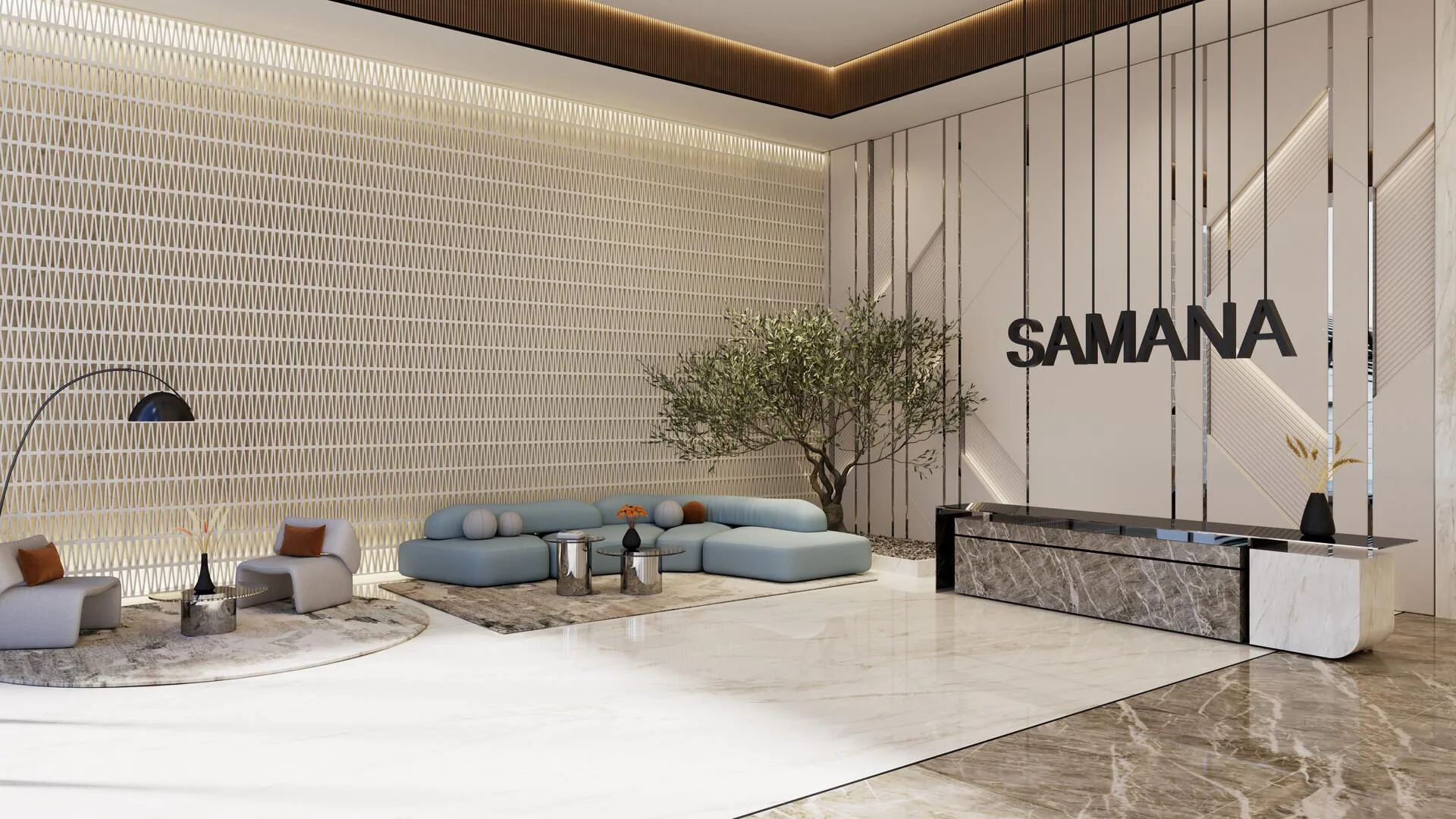 Лобби Samana Rome: мягкие диваны и дерево в кадке