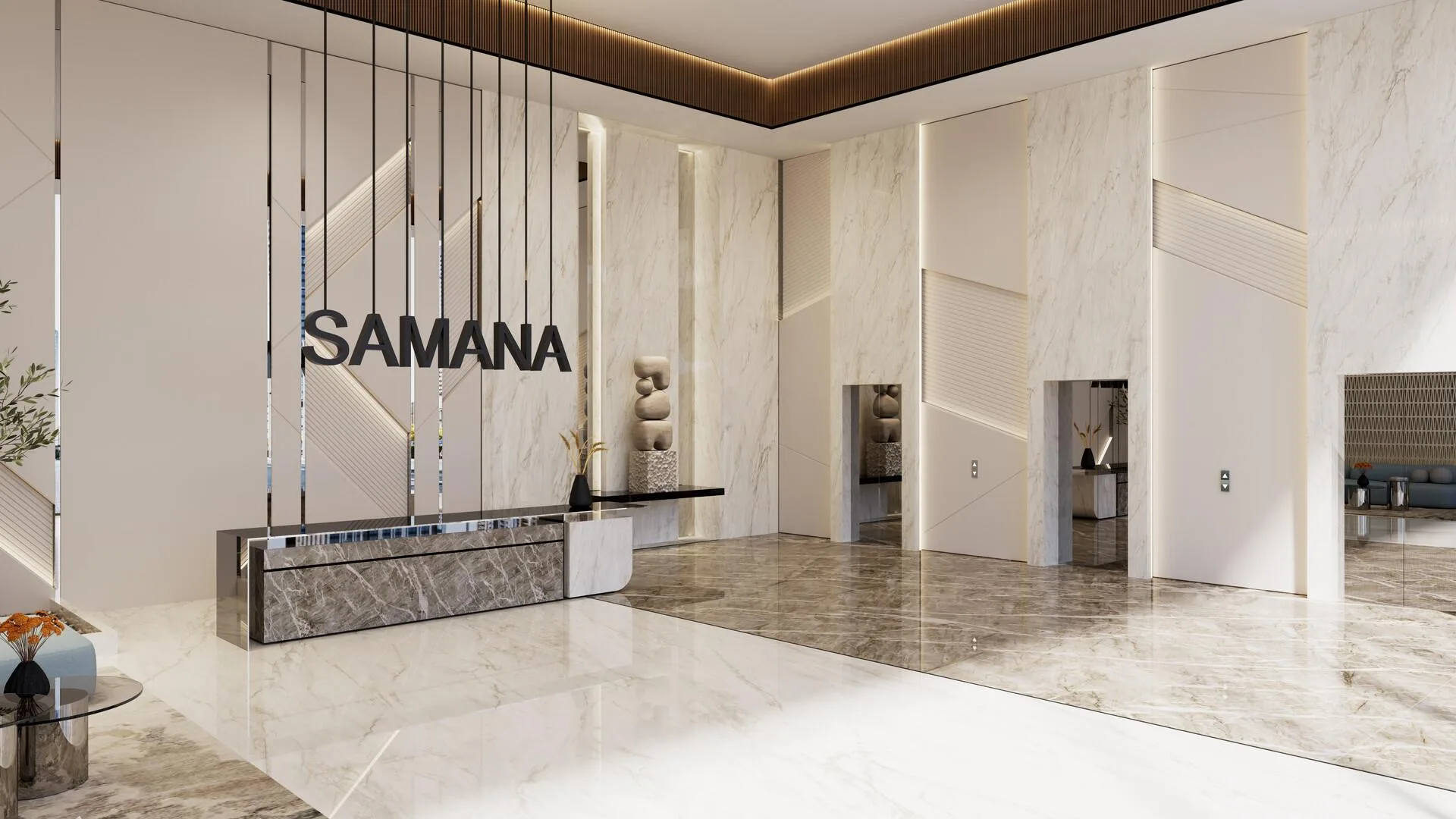 Лобби Samana Rome со стойкой и лифтовым холлом