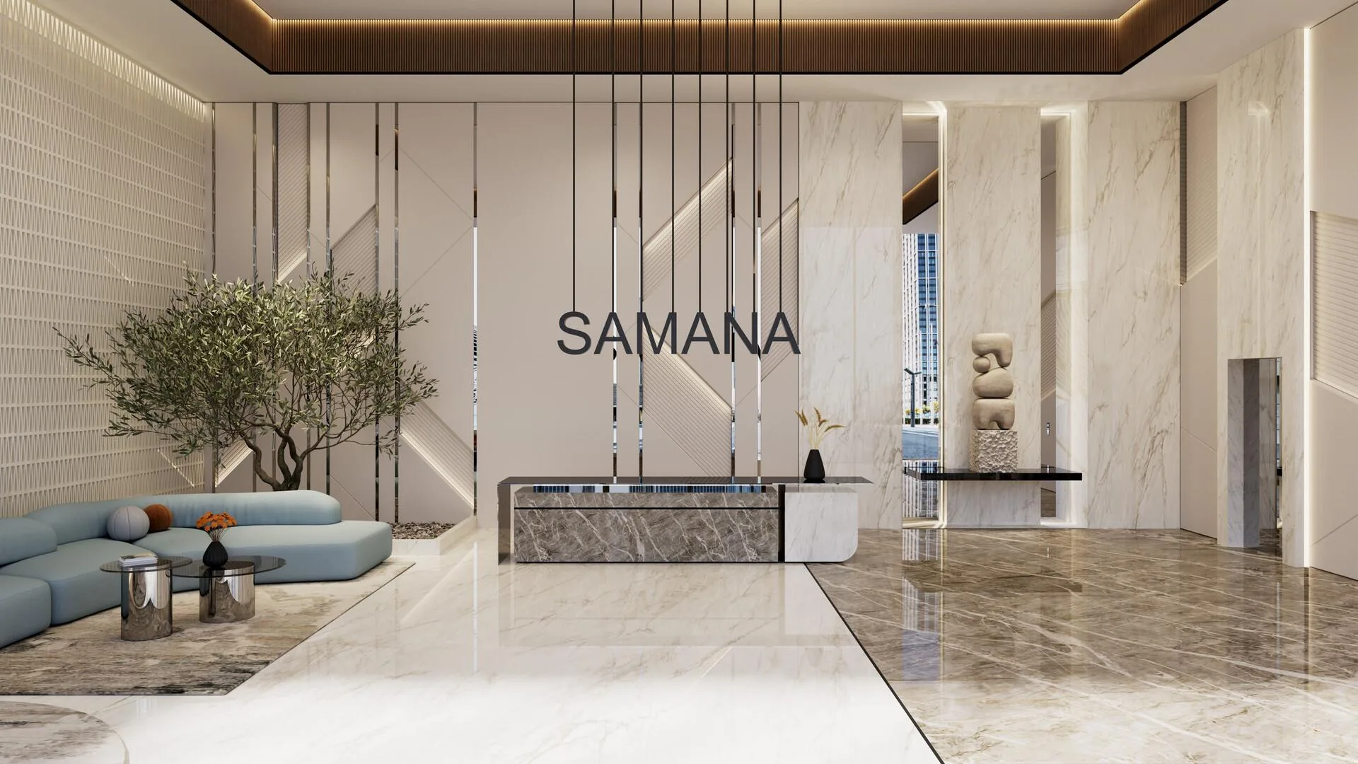 Лобби Samana Rome: камень, светлые стены и знак SAMANA