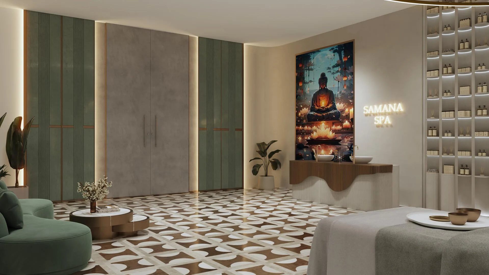 Спа Samana Rome: стойка со знаком SAMANA SPA и кушетка для процедур