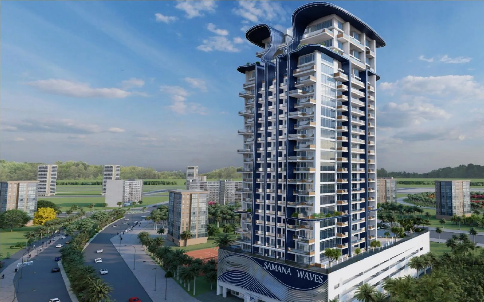Башня Samana Waves в Jumeirah Village Circle днём