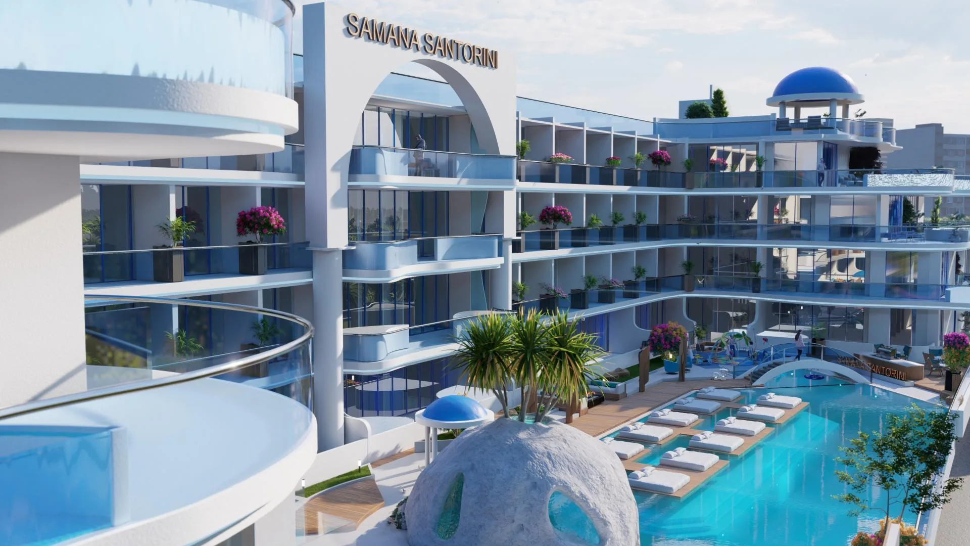 Бассейн и грот с куполом во дворе Samana Santorini