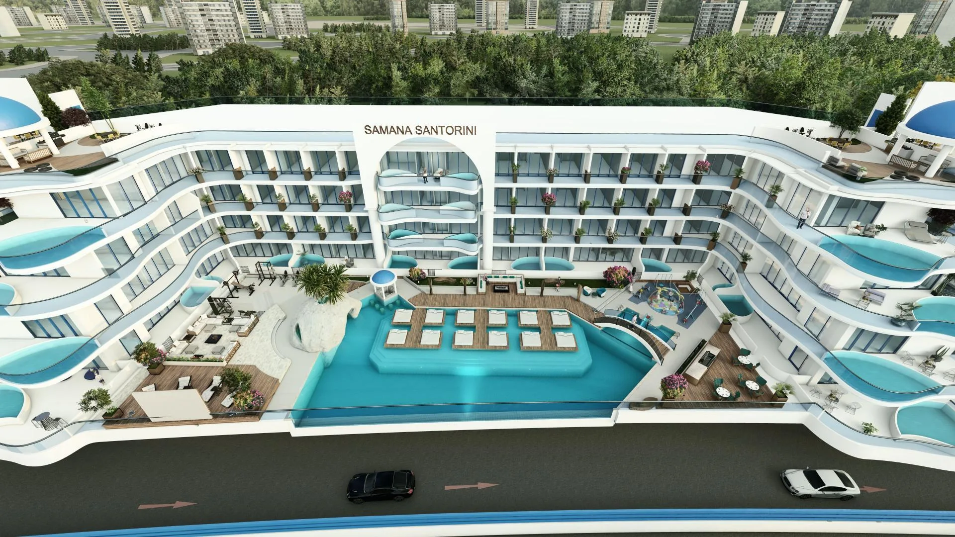 Двор Samana Santorini с высоты: бассейн между белыми корпусами