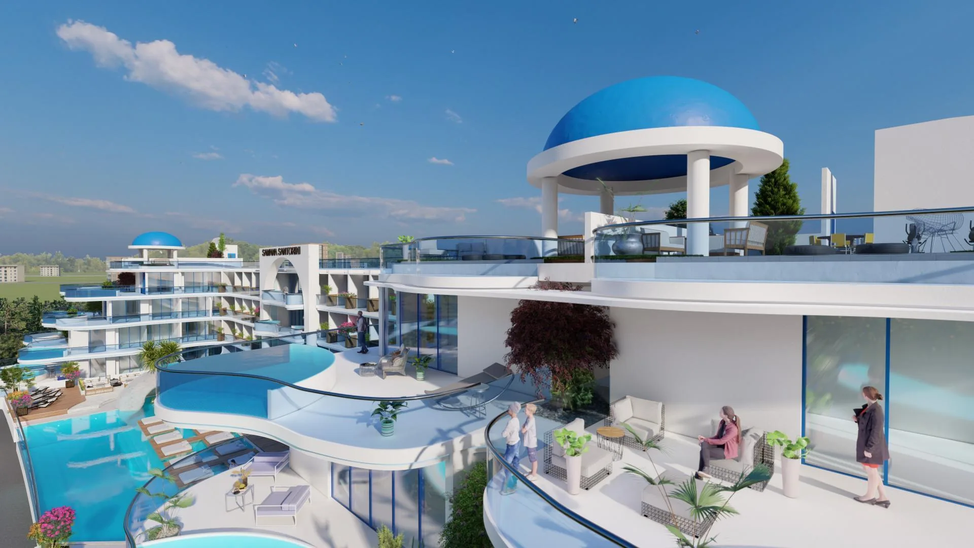 Голубой купол и белые террасы Samana Santorini