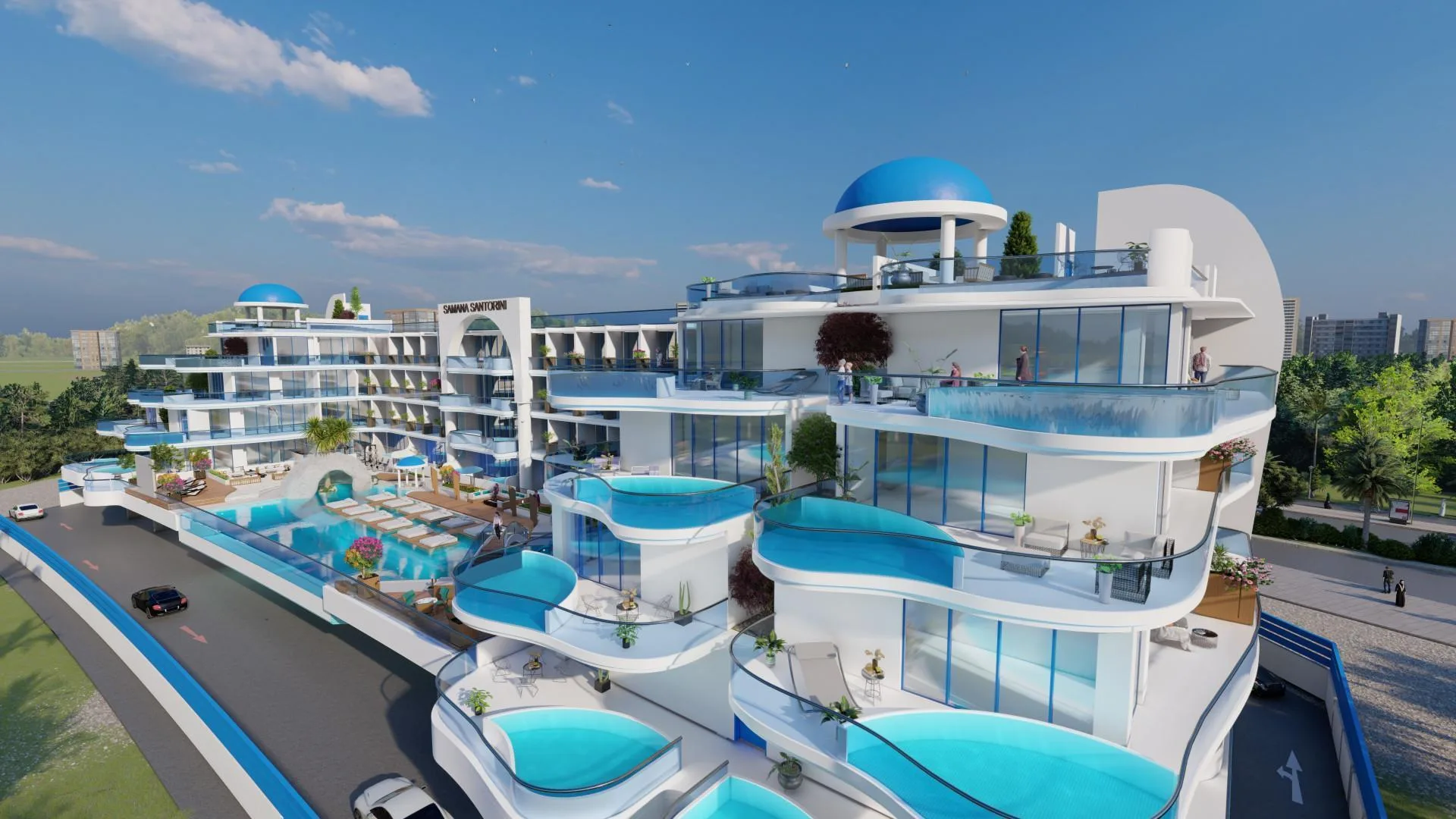 Террасы с бассейнами у квартир Samana Santorini