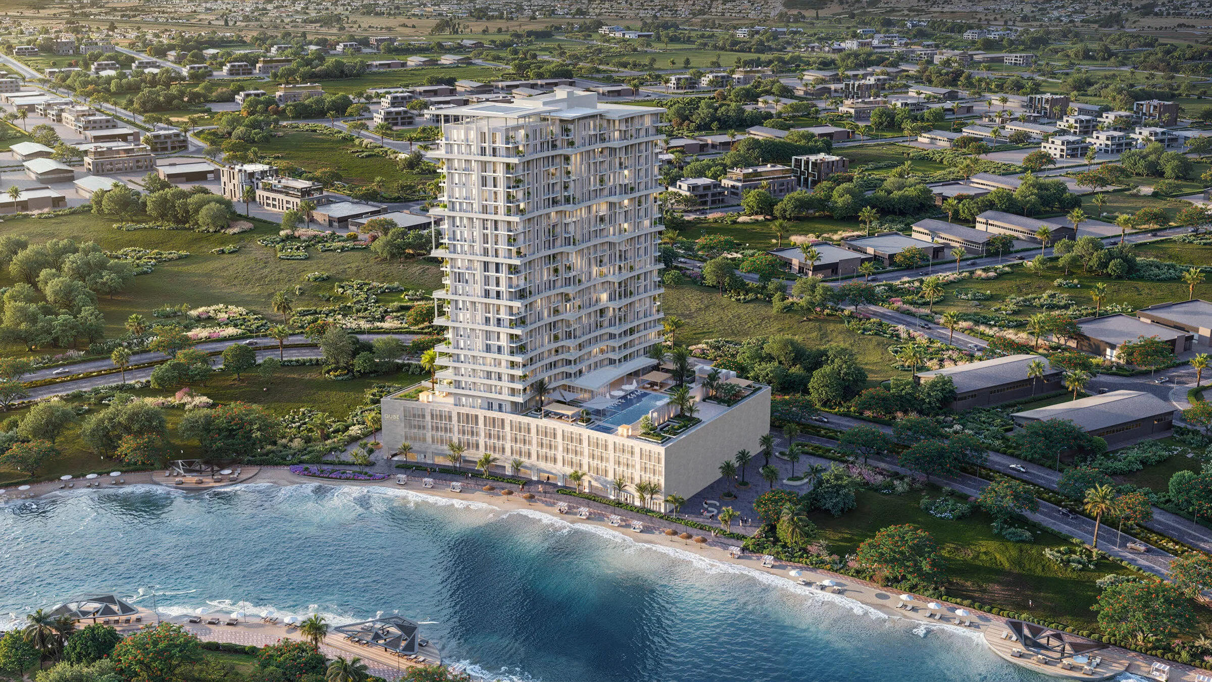Визуализация: башня Sawa Residences и лагуна с высоты