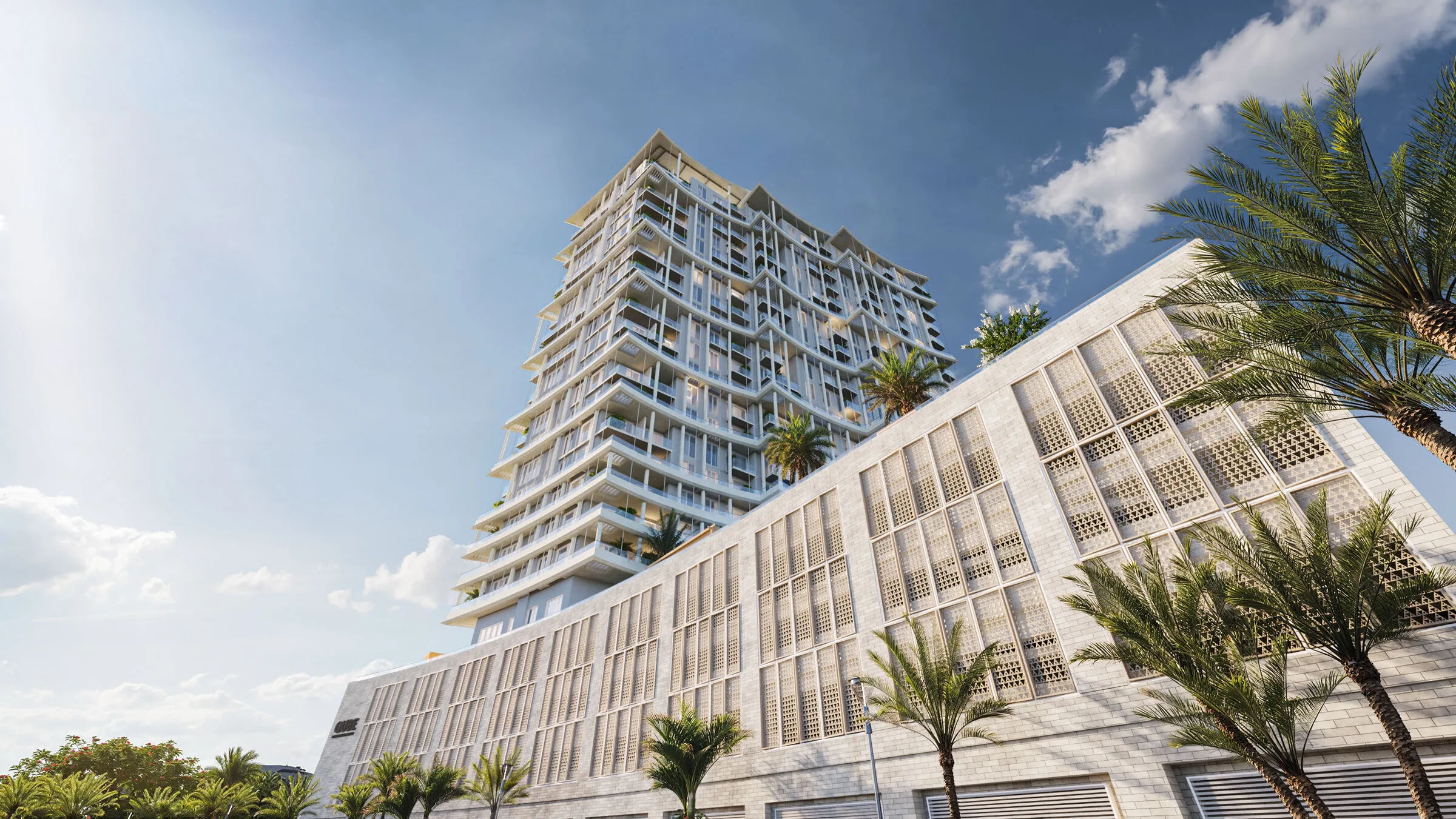 Визуализация: башня Sawa Residences снизу на фоне неба