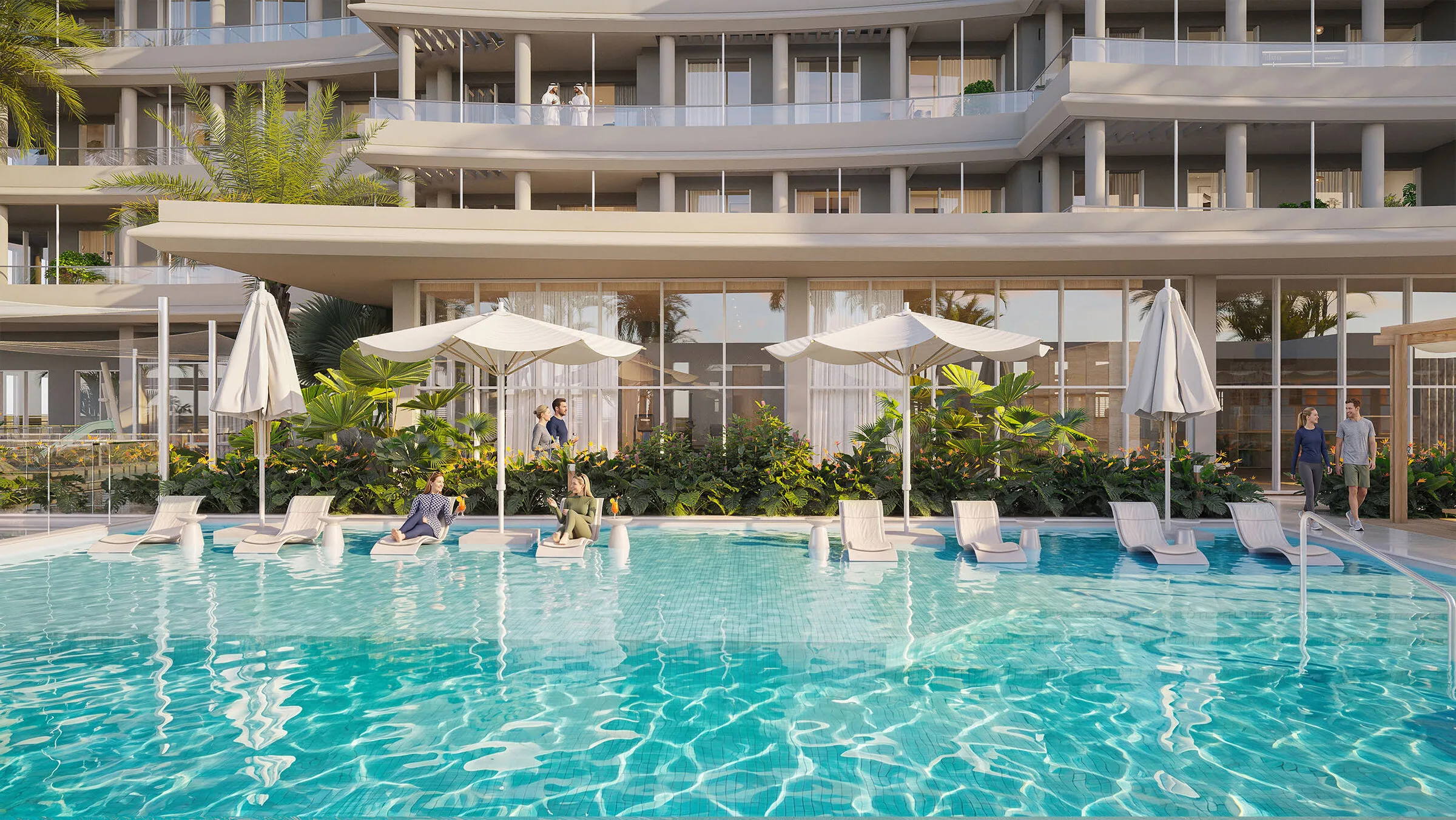 Визуализация: бассейн с шезлонгами в Sawa Residences