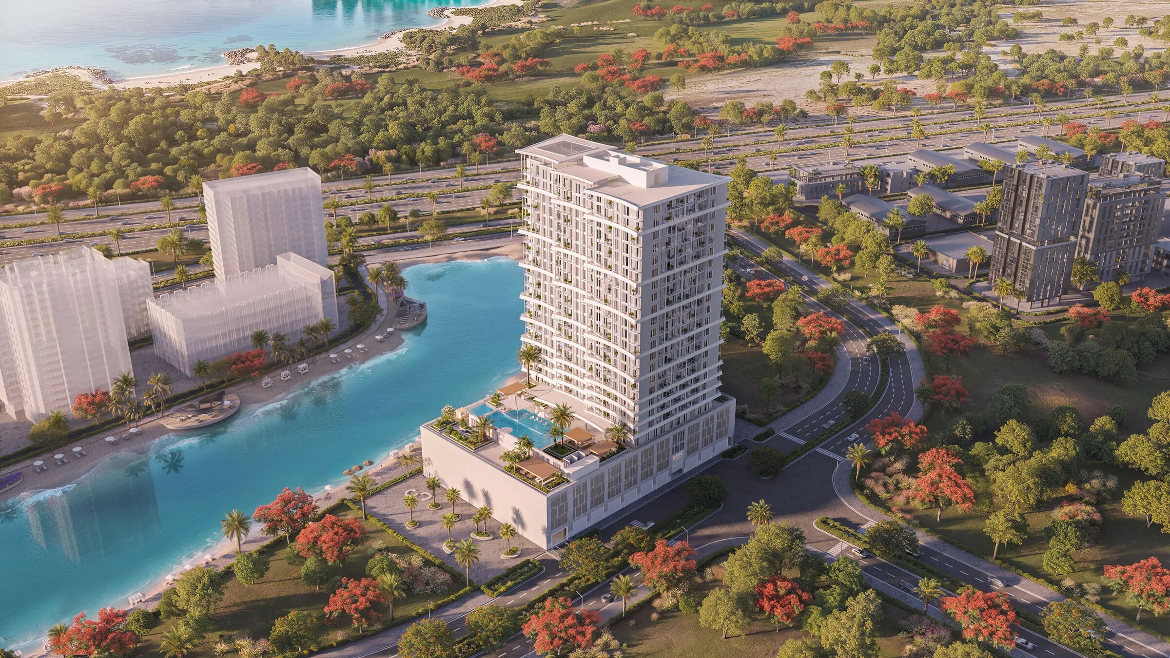 Визуализация: лагуны и набережные района Meydan Horizon сверху