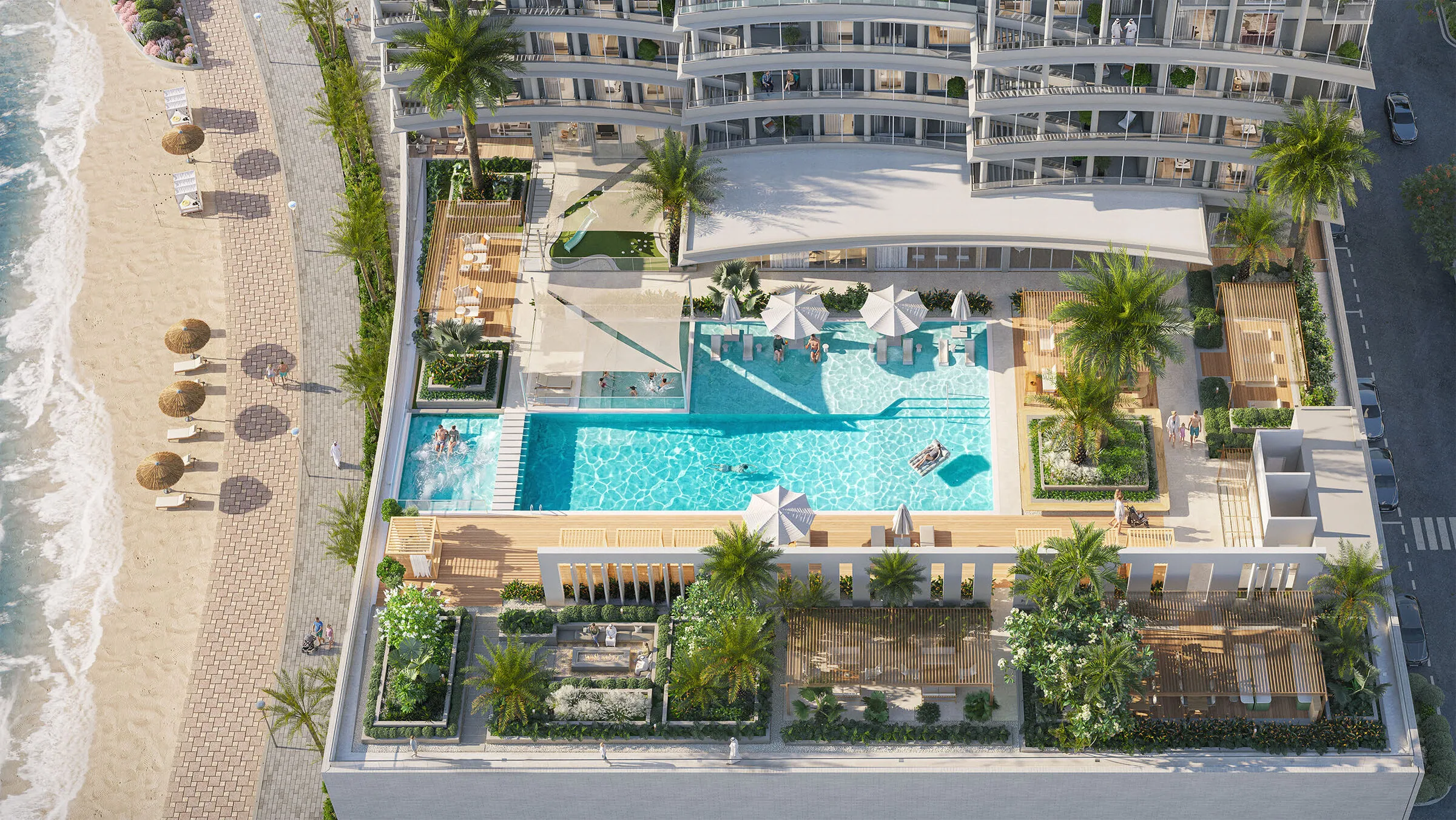 Визуализация: подиум Sawa Residences с бассейном и террасами сверху