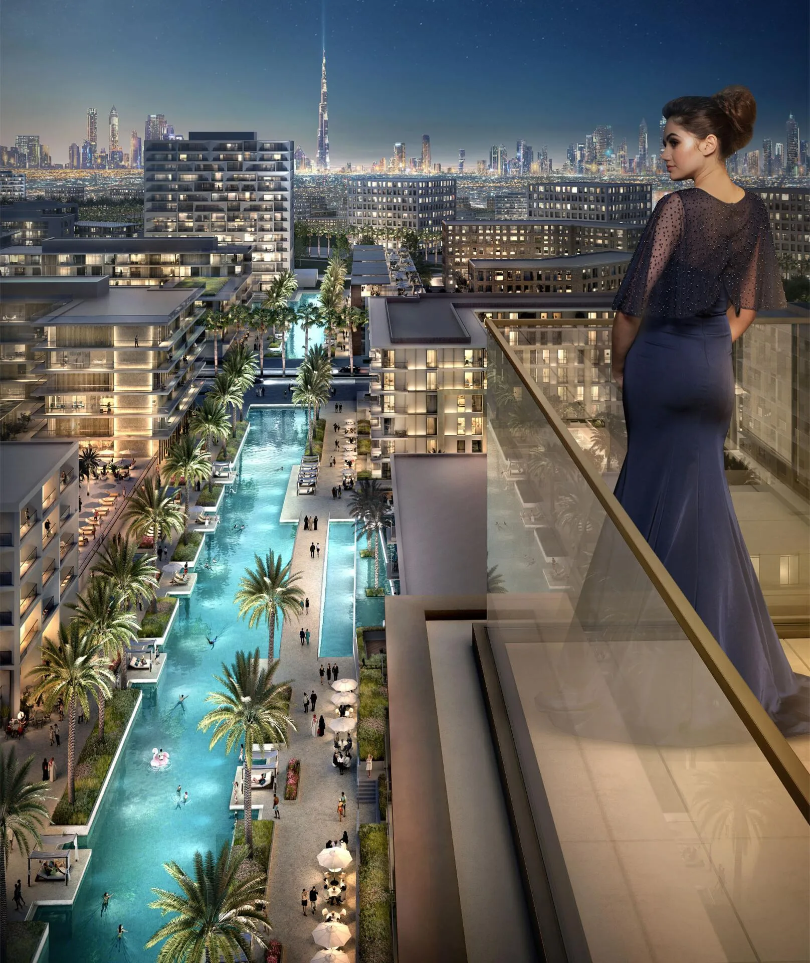 Канал с водой вечером, огни домов и Burj Khalifa вдали
