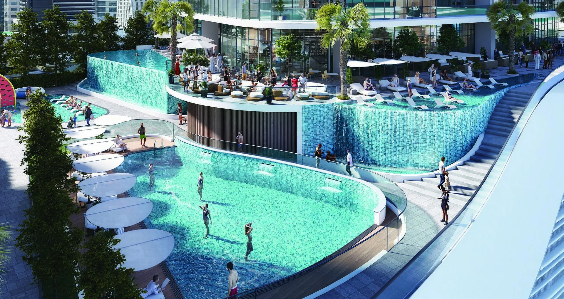 Бассейн на подиуме SeaHaven с лежаками и зонтами