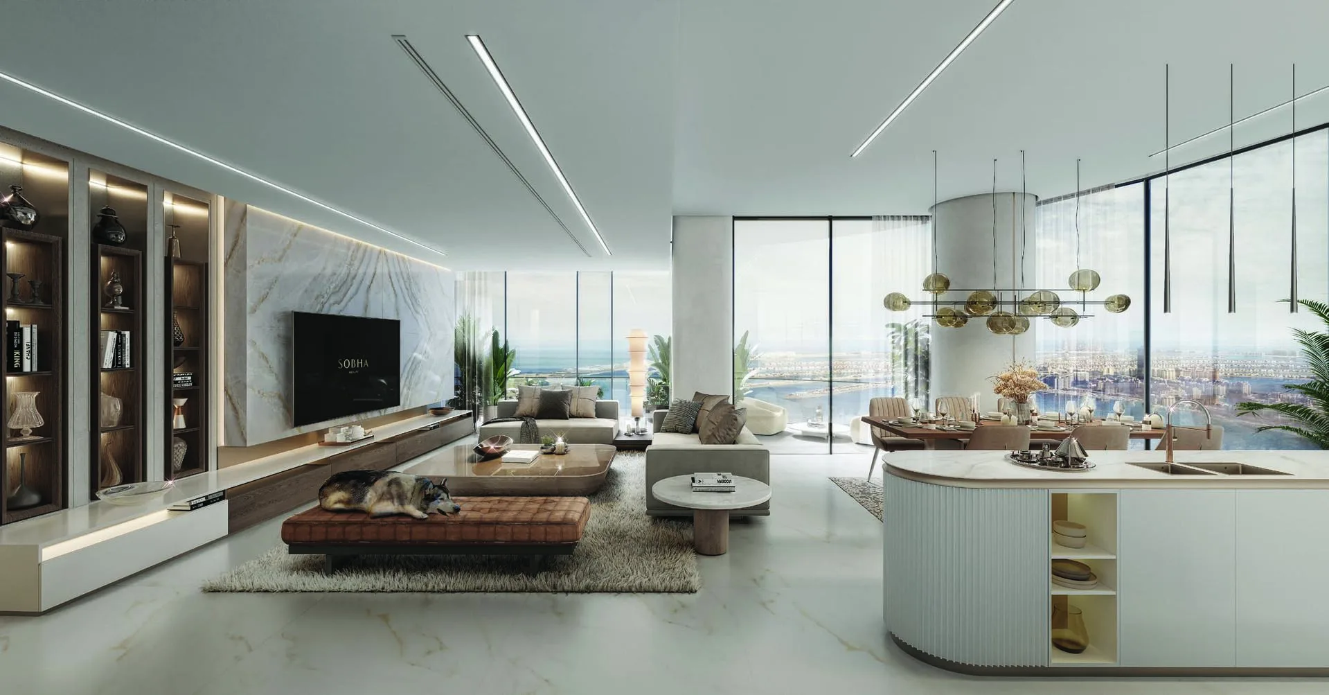 Гостиная с кухонным островом в квартире SeaHaven
