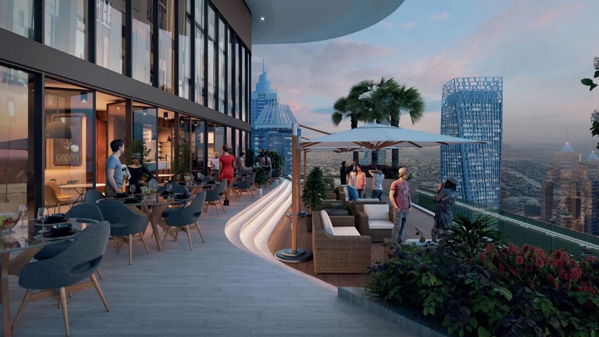 Терраса с креслами в SeaHaven на закате