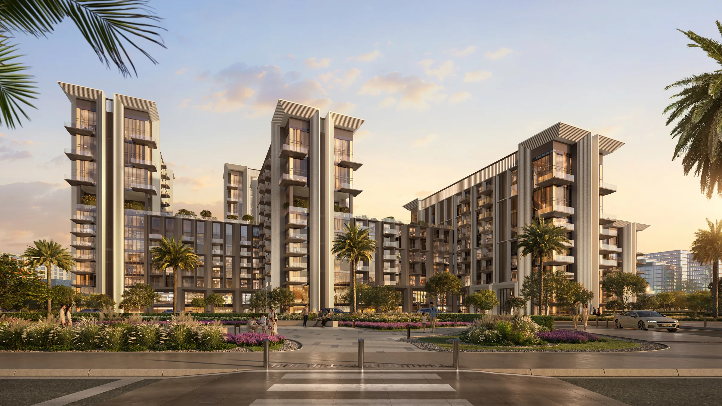 Улица квартала Sei Saadiyat: светлые фасады и пальмы