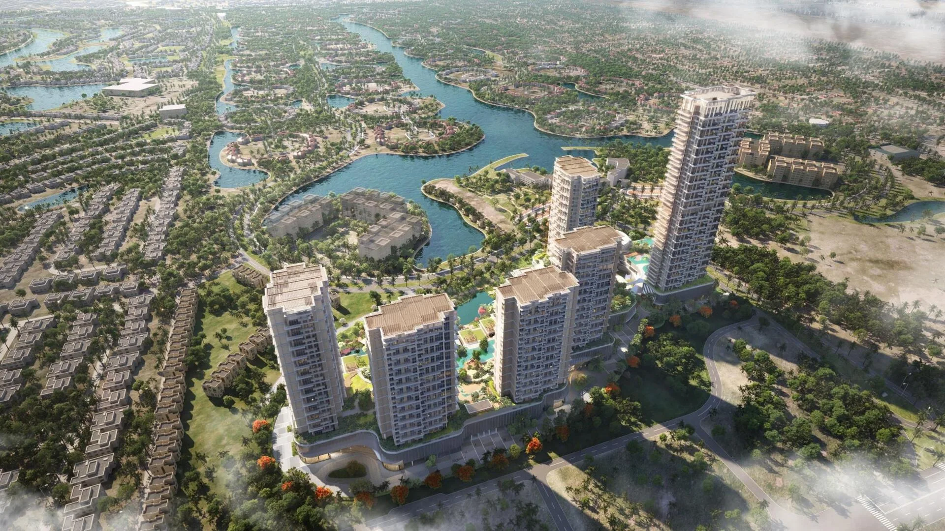 Озёра Jumeirah Islands и башни Serenia District с высоты