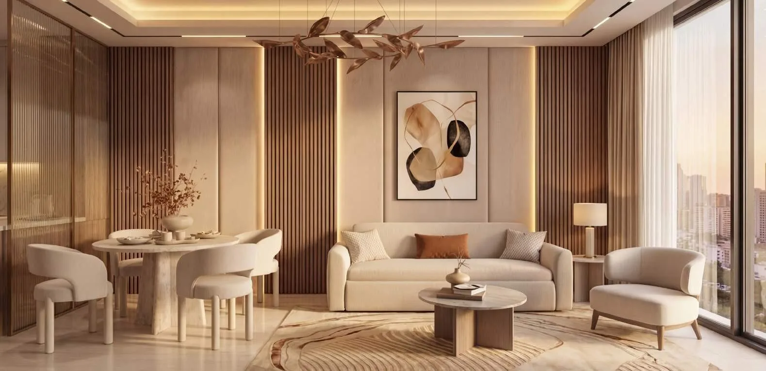 Гостиная в квартире Serenz by Danube: светлая мебель и деревянные рейки на стенах