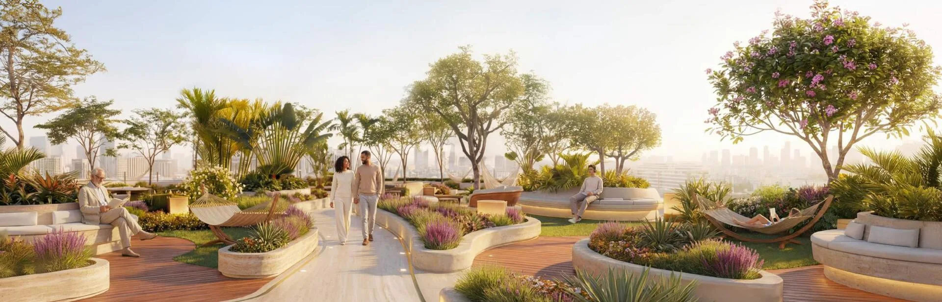 Сад Serenity Garden: клумбы, деревья, скамьи и гамак