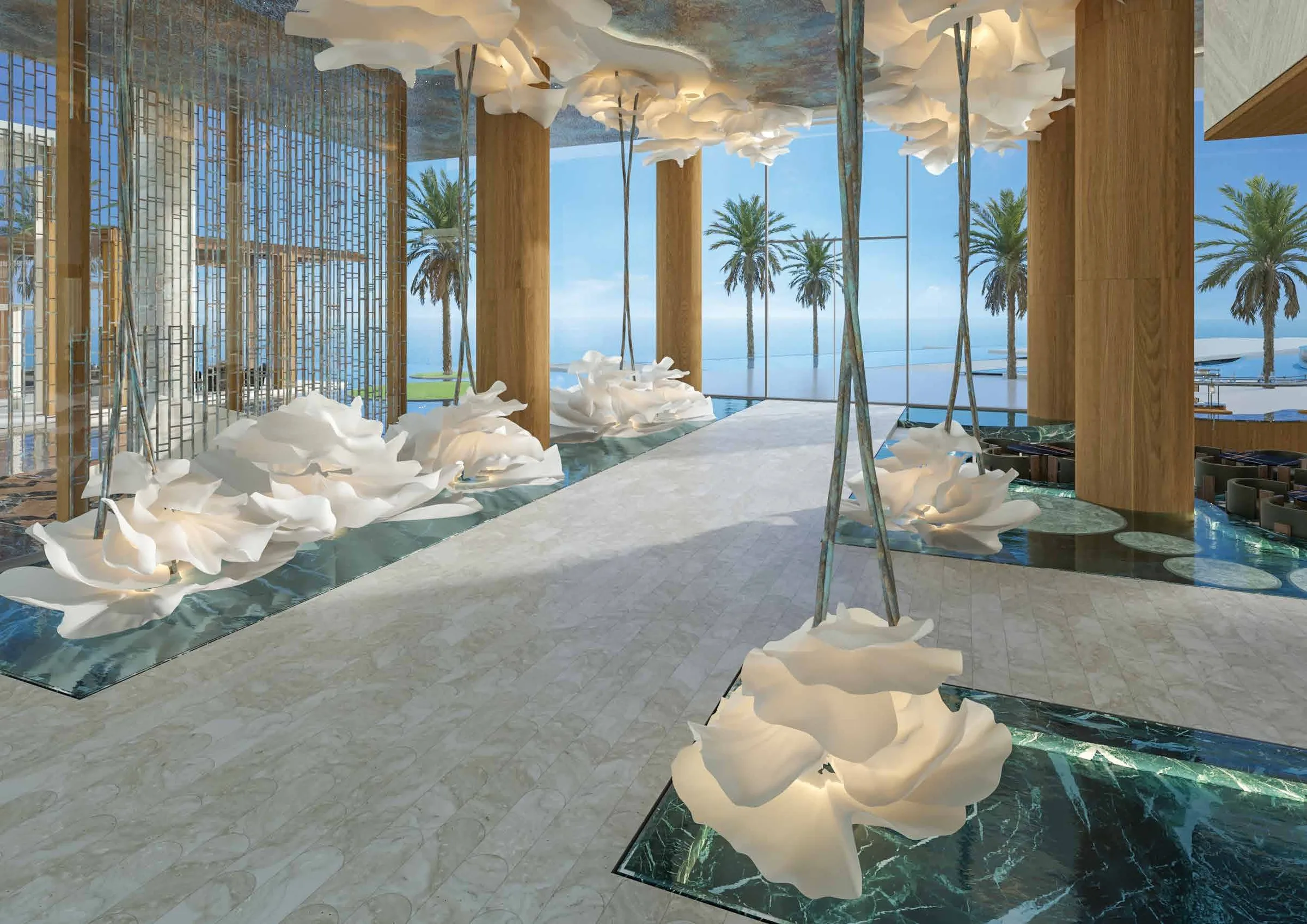 Six Senses Place: светлый зал с видом на пальмы и море