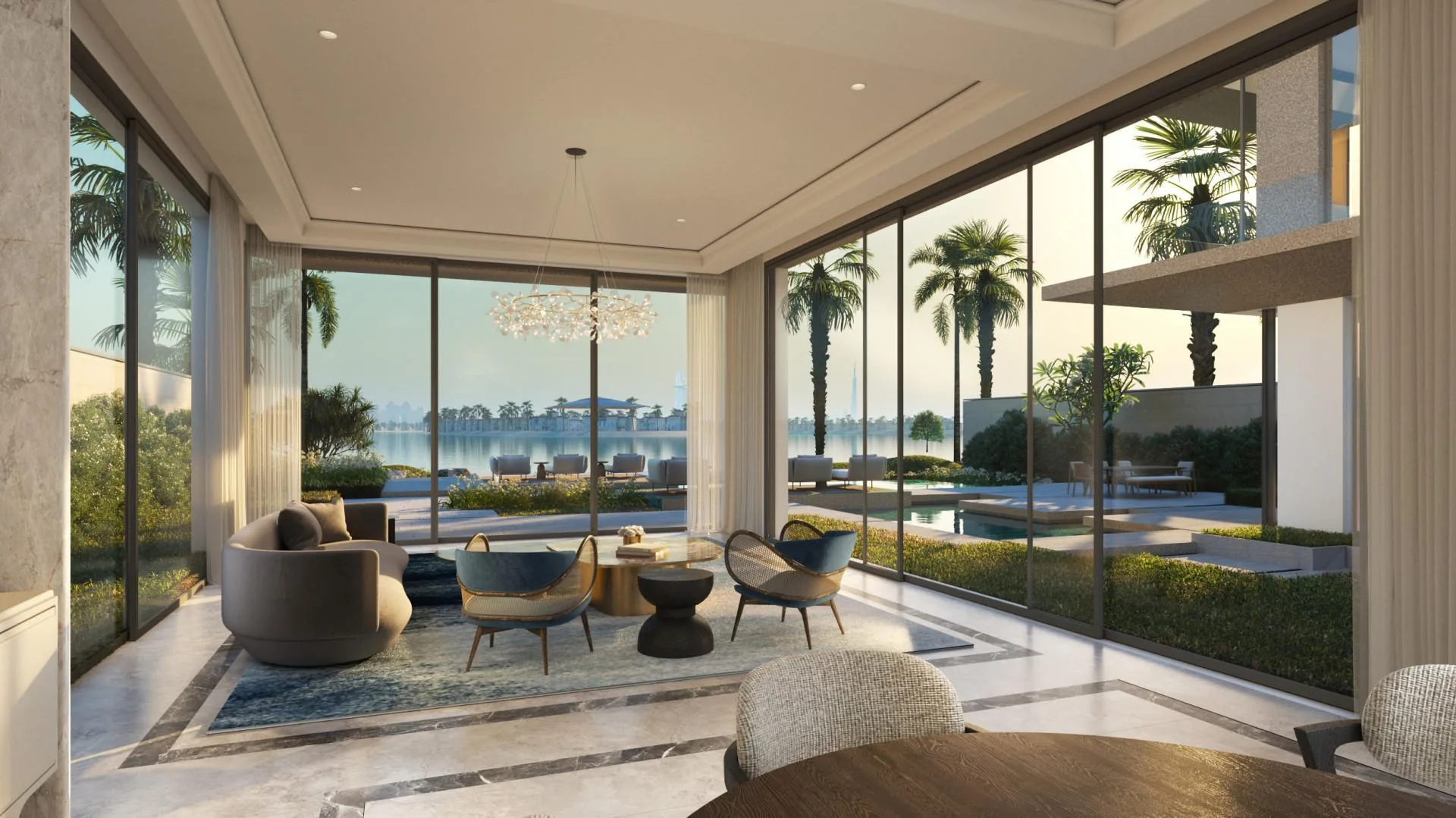 Гостиная Signature Villa с окнами на воду и бассейн