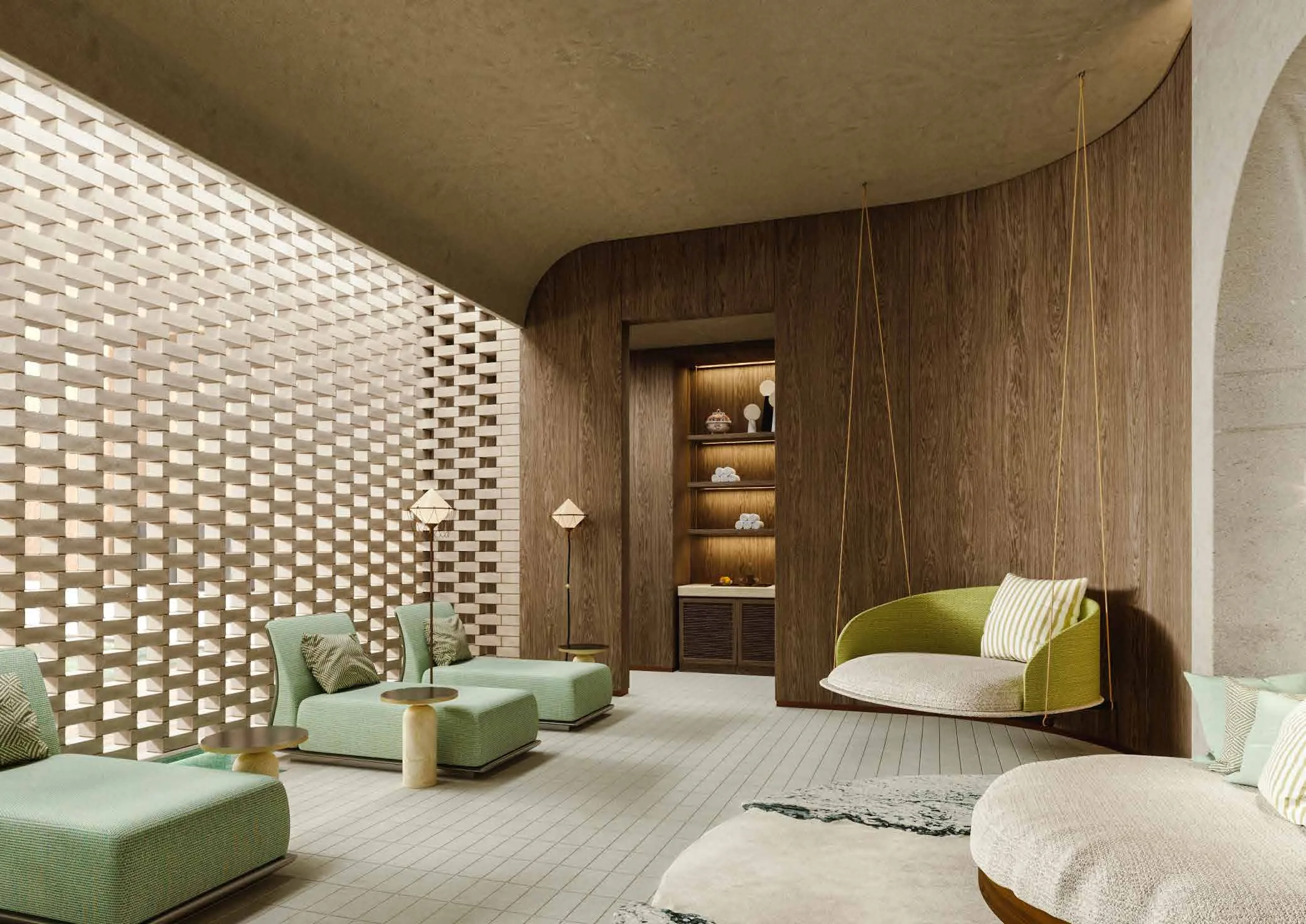 Комната отдыха с подвесными креслами в Six Senses Place