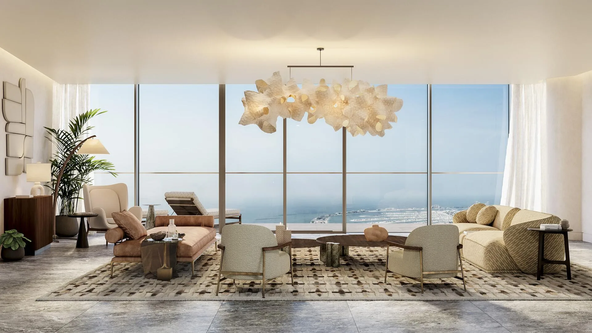Гостиная Sky Mansion с люстрой и видом на море