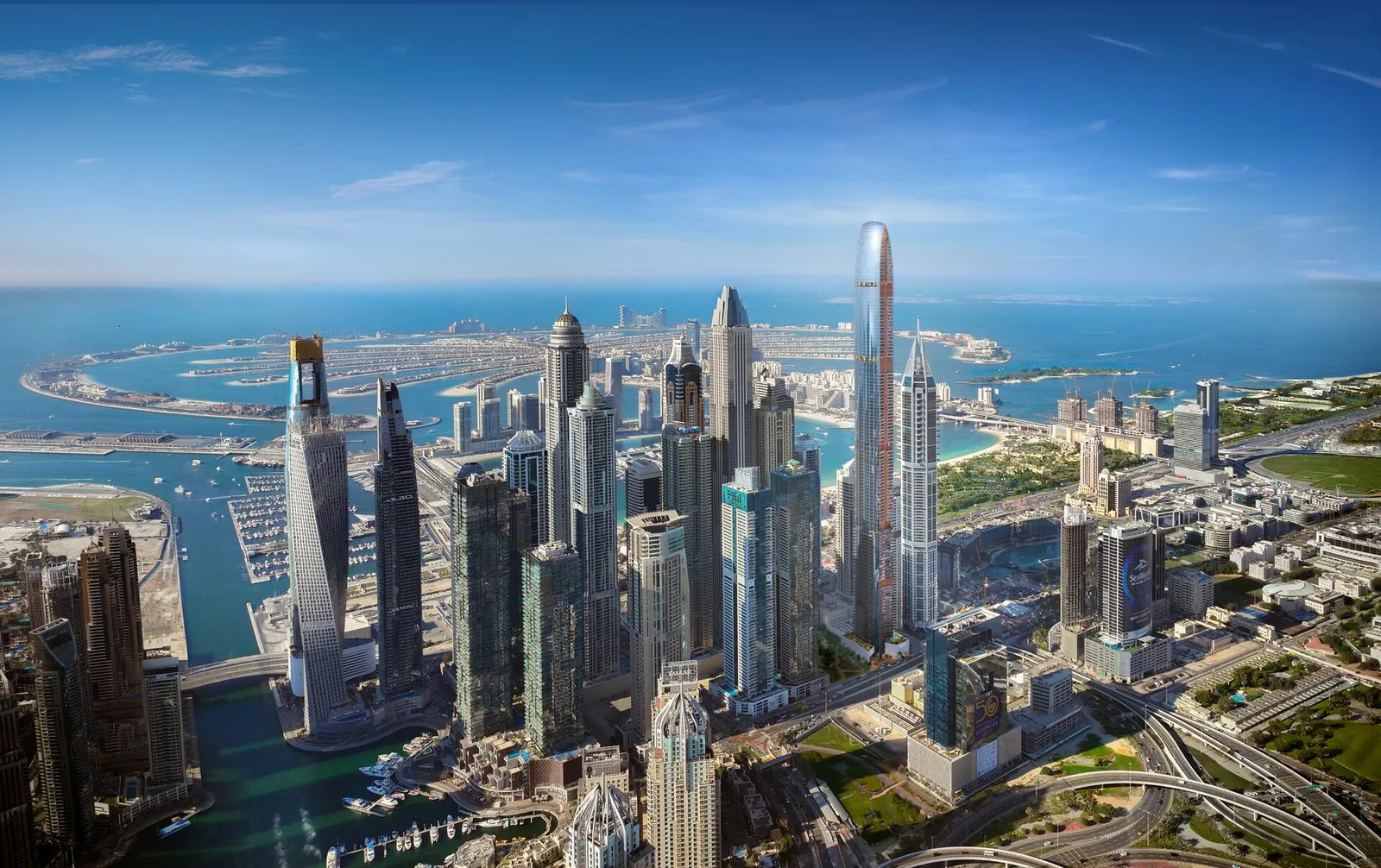 Dubai Marina сверху: гавань, башни и Палм-Джумейра. Визуализация Select Group