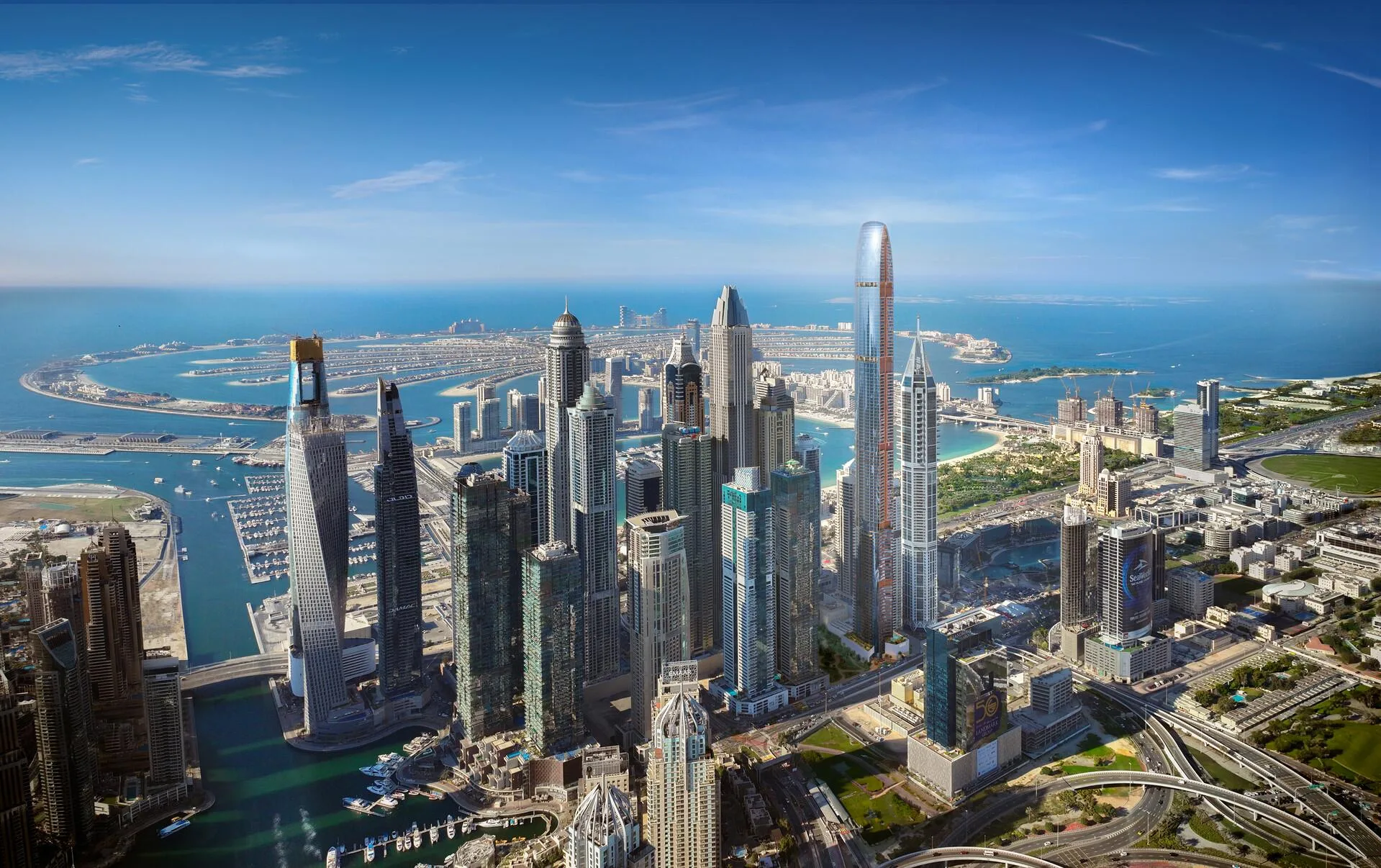 Dubai Marina сверху днём: башни, каналы и море