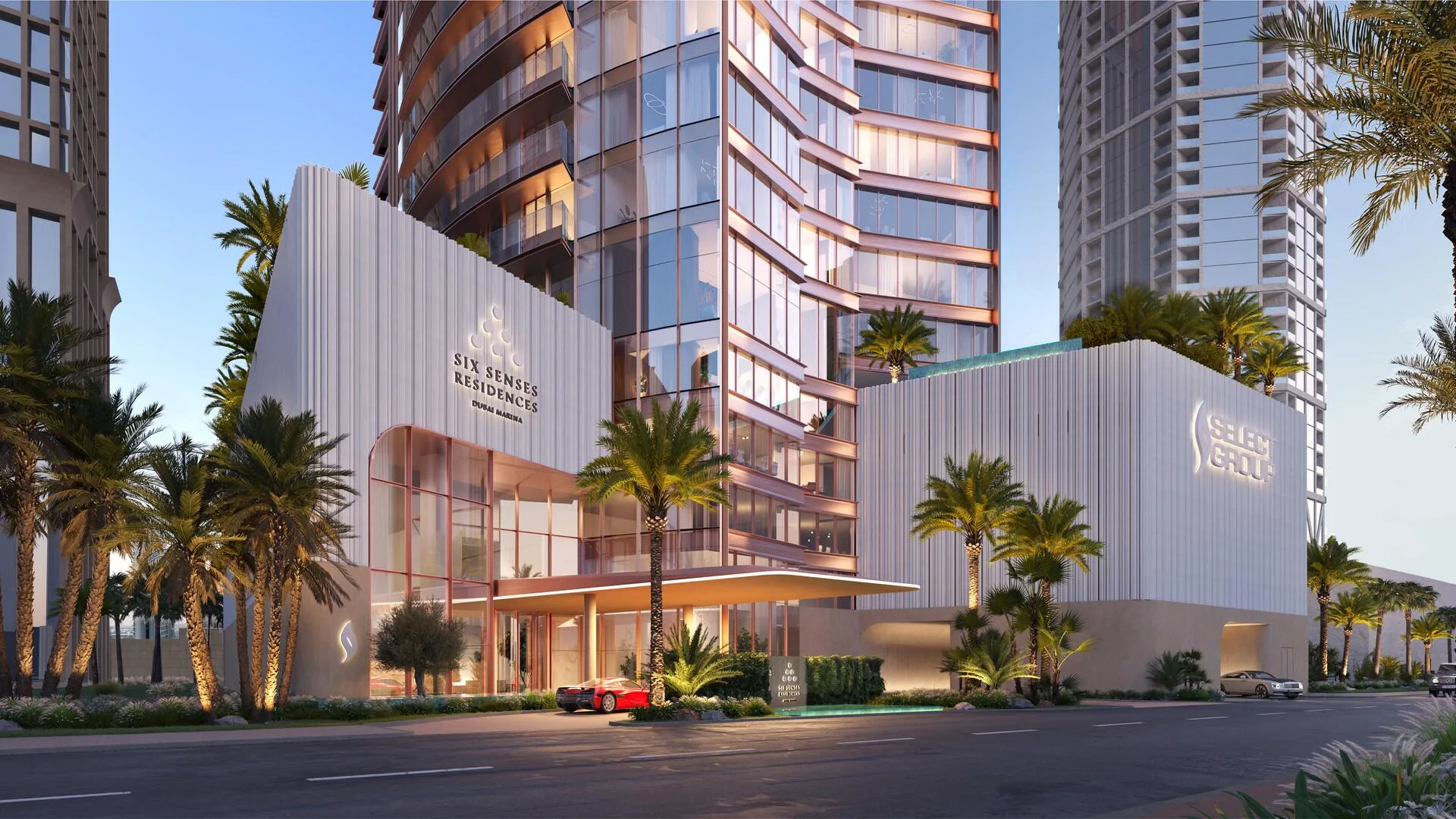 Вход в Six Senses Residences Dubai Marina вечером