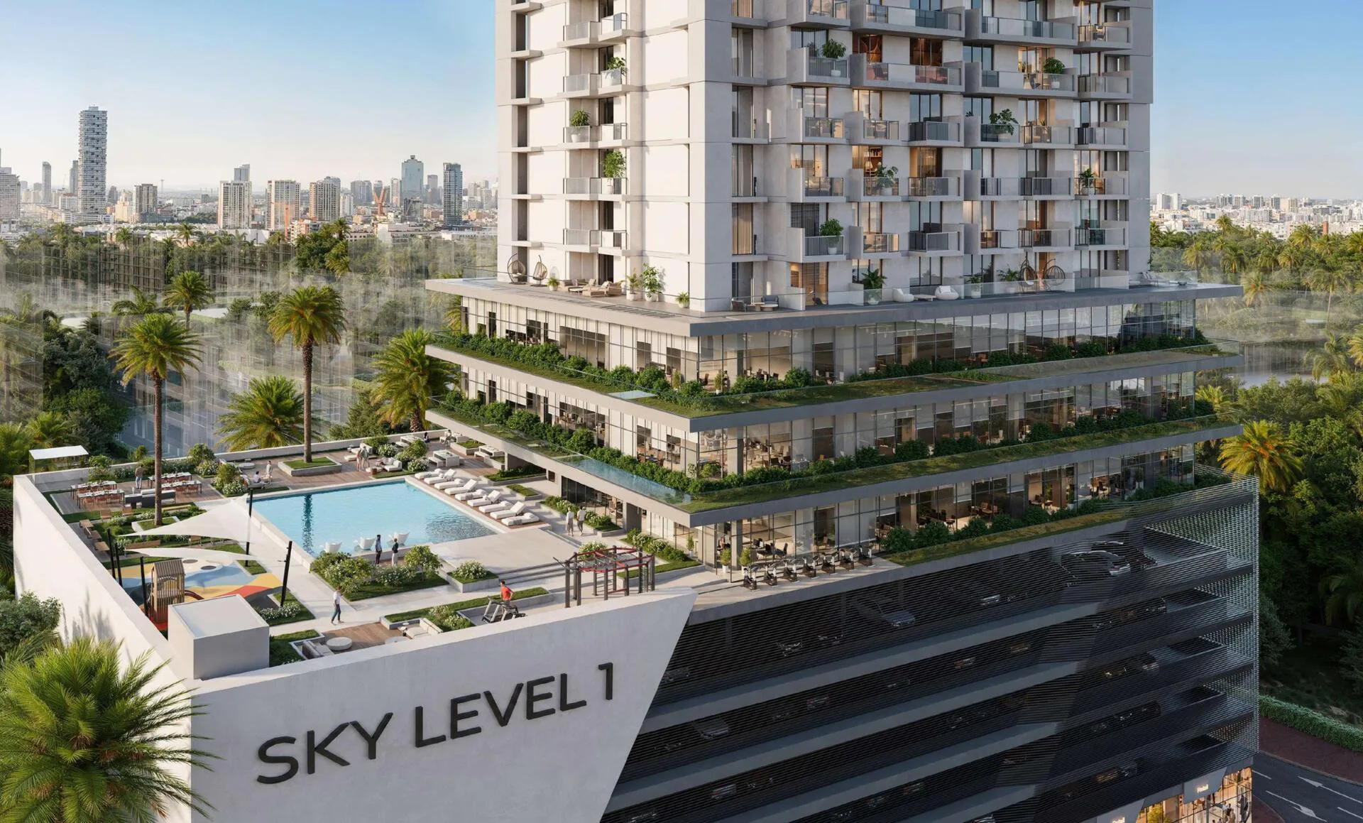 Подиум Sky Level 1 с бассейном и озеленёнными террасами