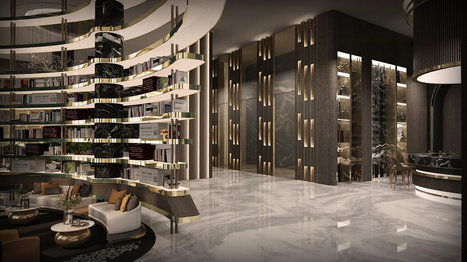 Книжные полки и диваны в лобби Sky Suites