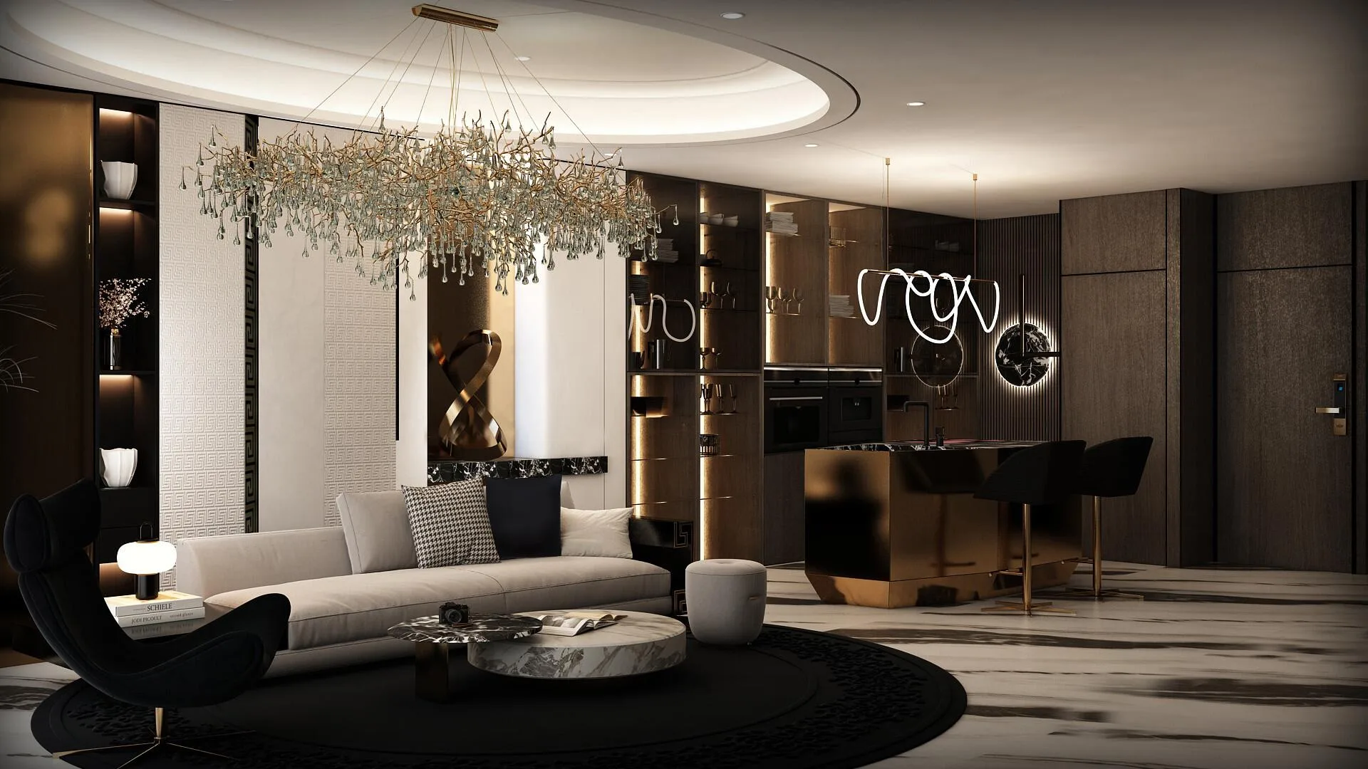 Гостиная квартиры Sky Suites с люстрой и кухонным островом