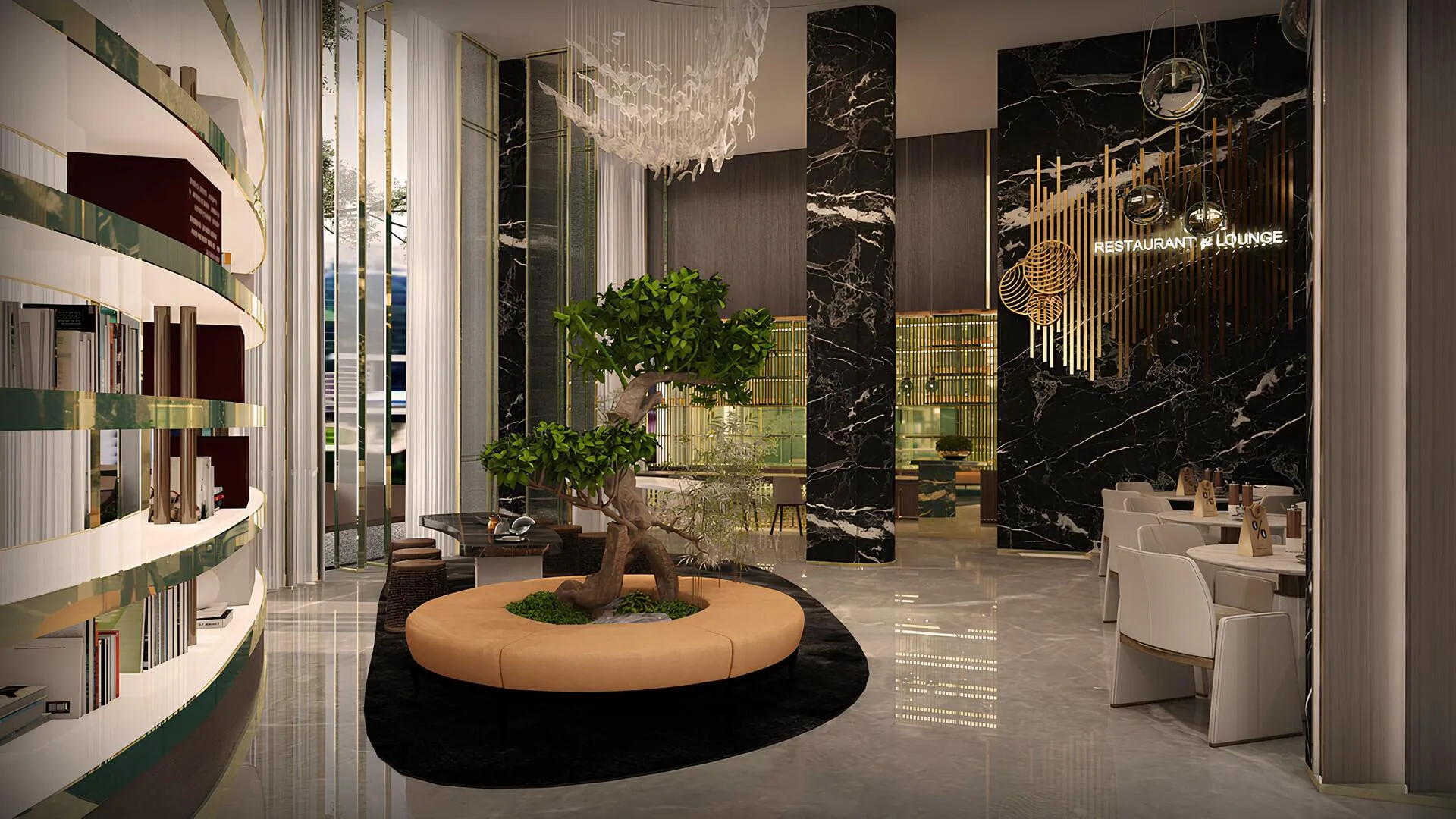 Лобби Sky Suites с деревом в центре и входом в ресторан