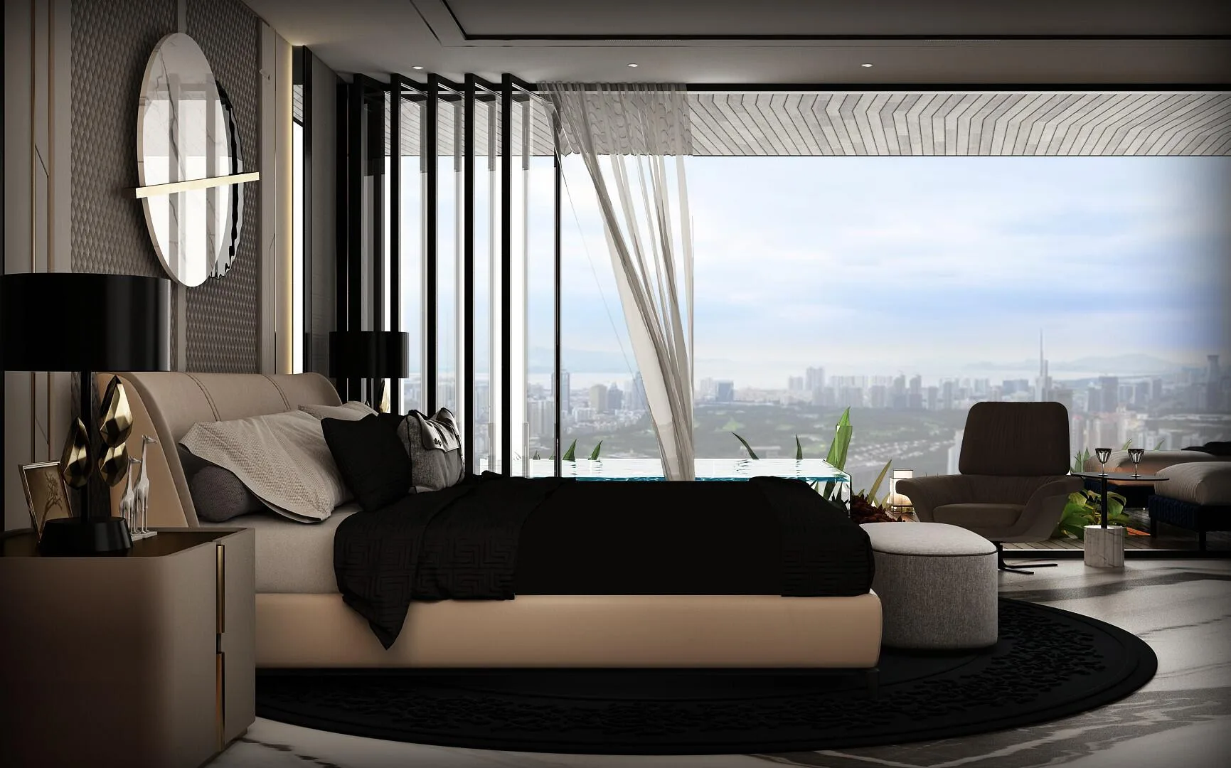 Спальня квартиры Sky Suites с окном во всю стену