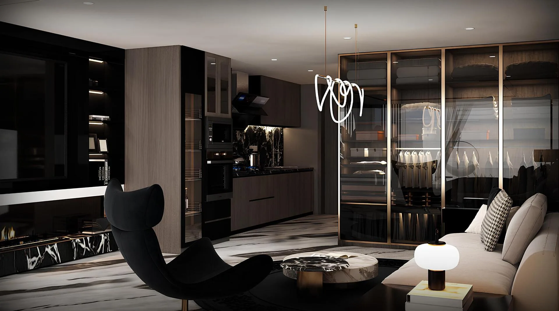 Гостиная зона студии Sky Suites с кухней