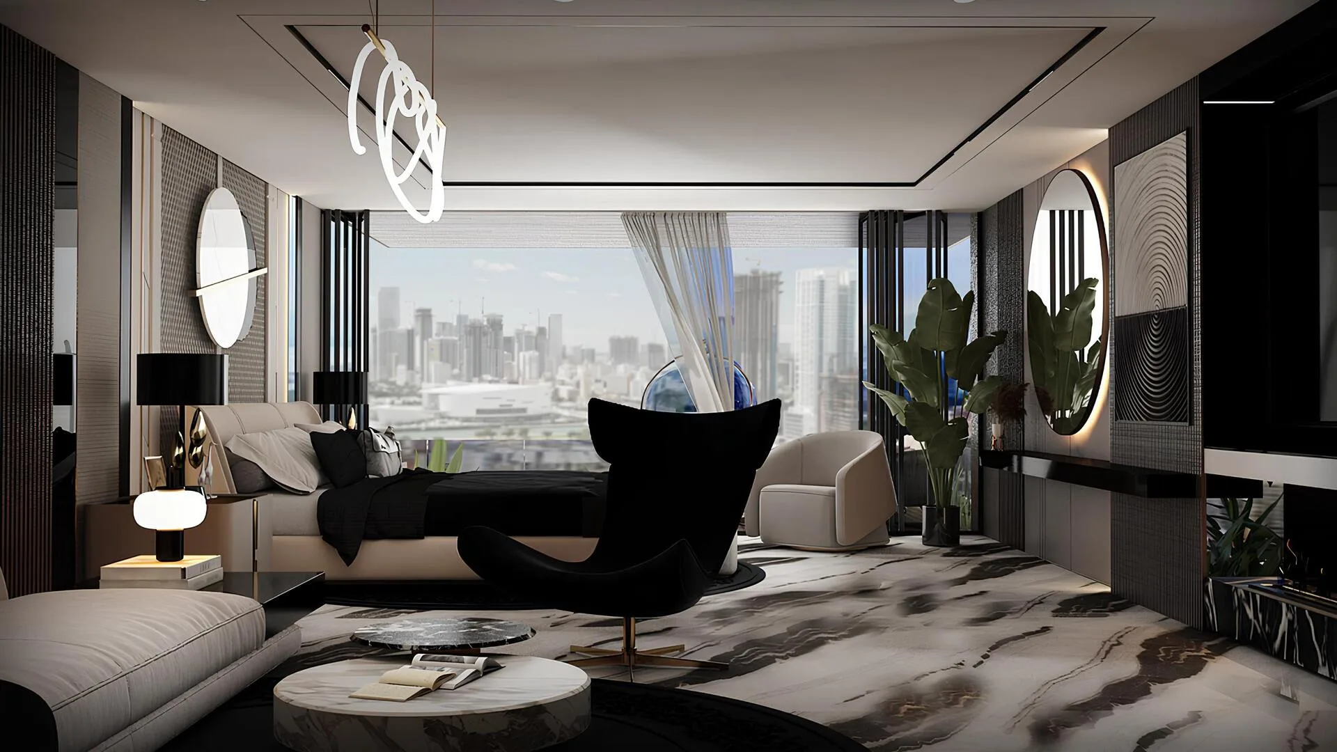 Студия Sky Suites: кровать у окна с видом на город