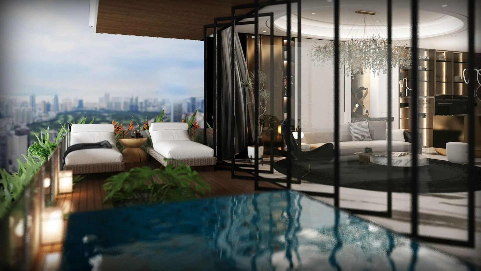Терраса квартиры Sky Suites с бассейном и лежаками