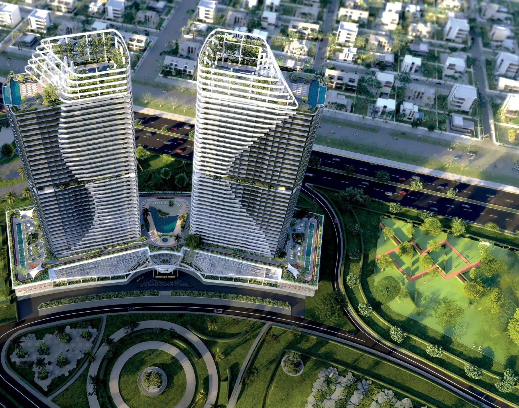 SkyHills Astra с высоты: две башни и подиум
