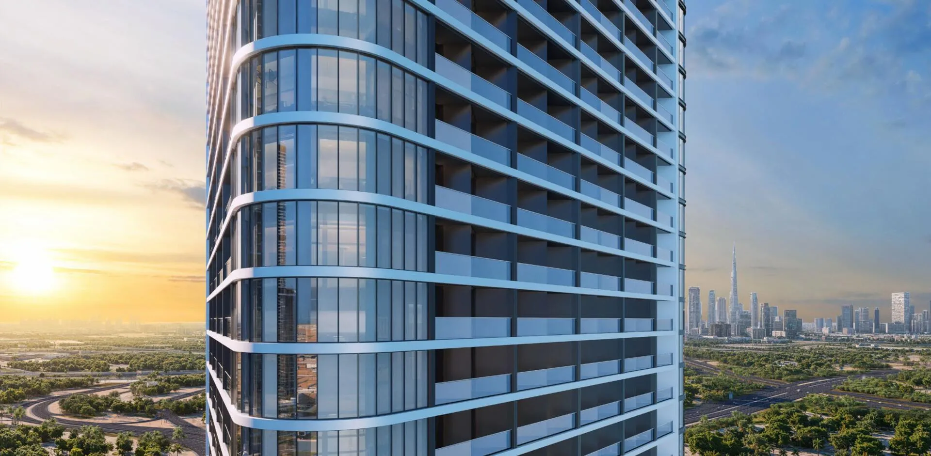 Изгибы фасада Skyvue Altier на закате, вдали Downtown Dubai