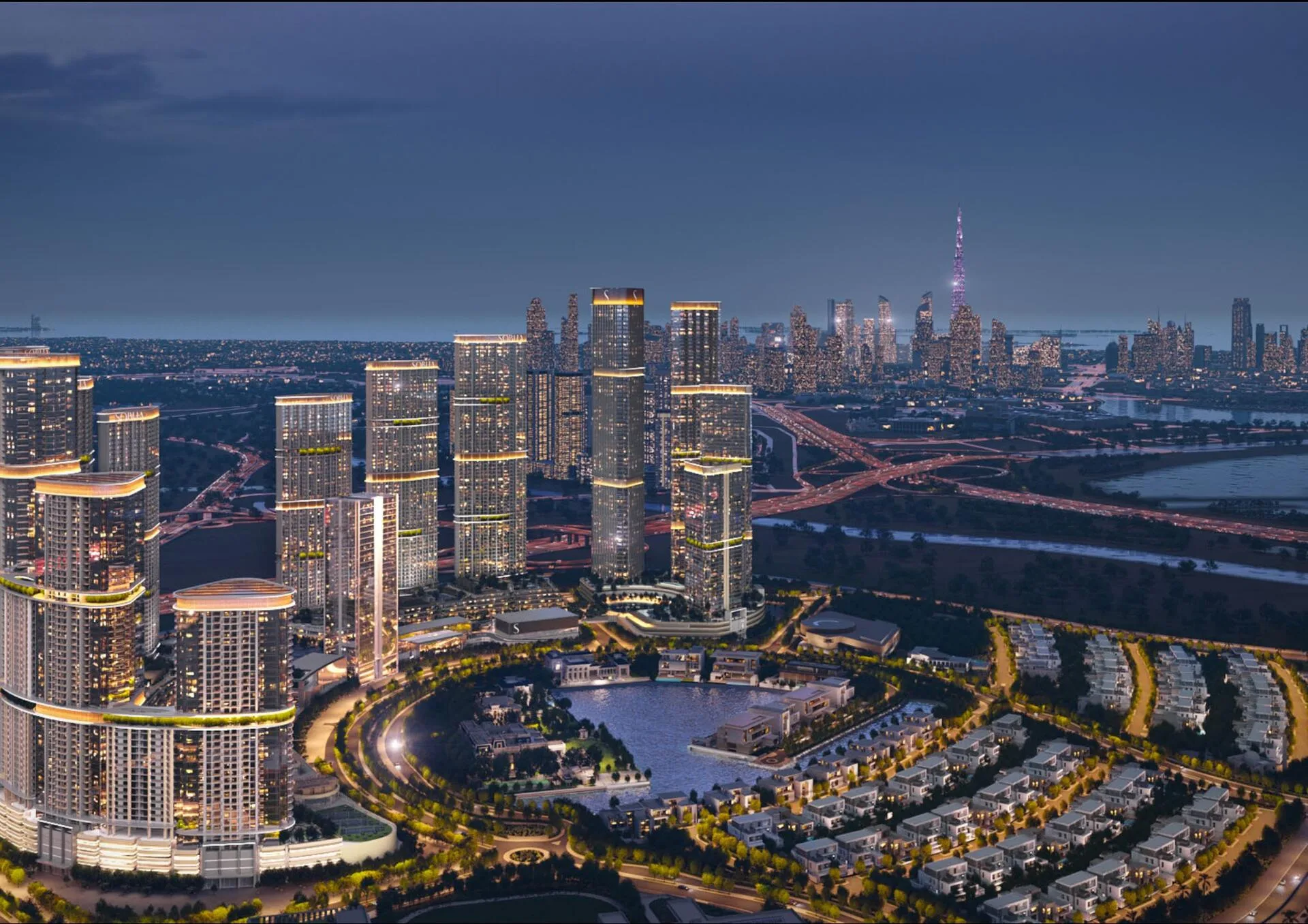 Sobha Hartland II вечером, башни Skyvue