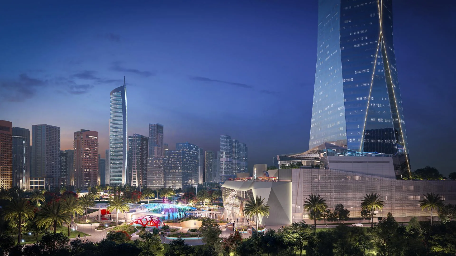 Uptown Tower и площадь The Plaza на фоне вечернего Дубая